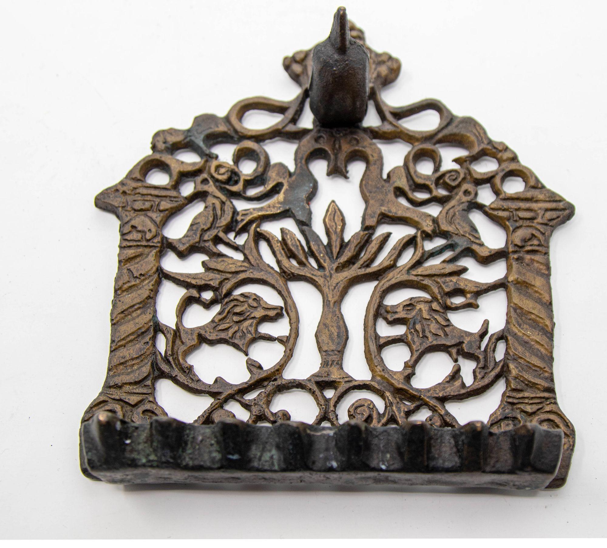 North-African Brass Hanukkah Lamp Menorah Oil Lamp Judaica Morocco 19th C. For Sale 1
