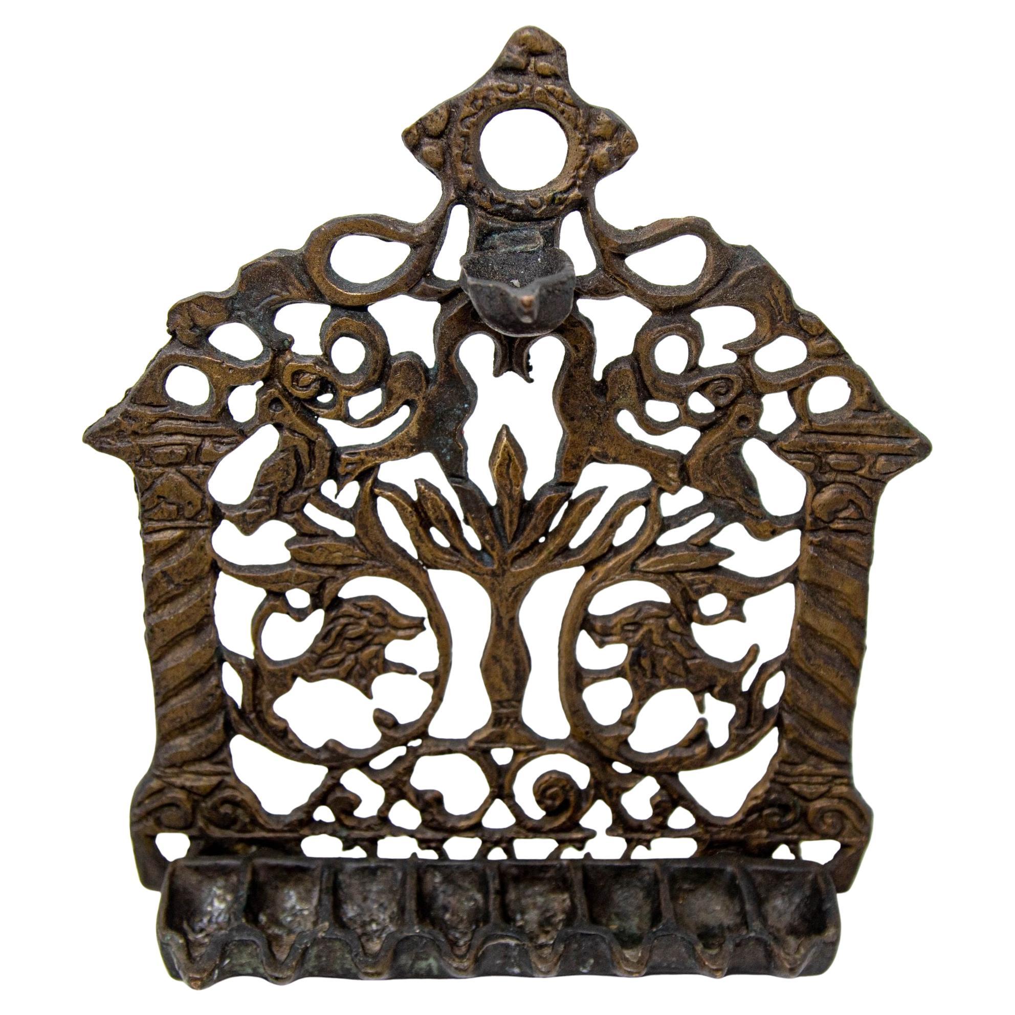 North-African Brass Hanukkah Lamp Menorah Oil Lamp Judaica Morocco 19th C.