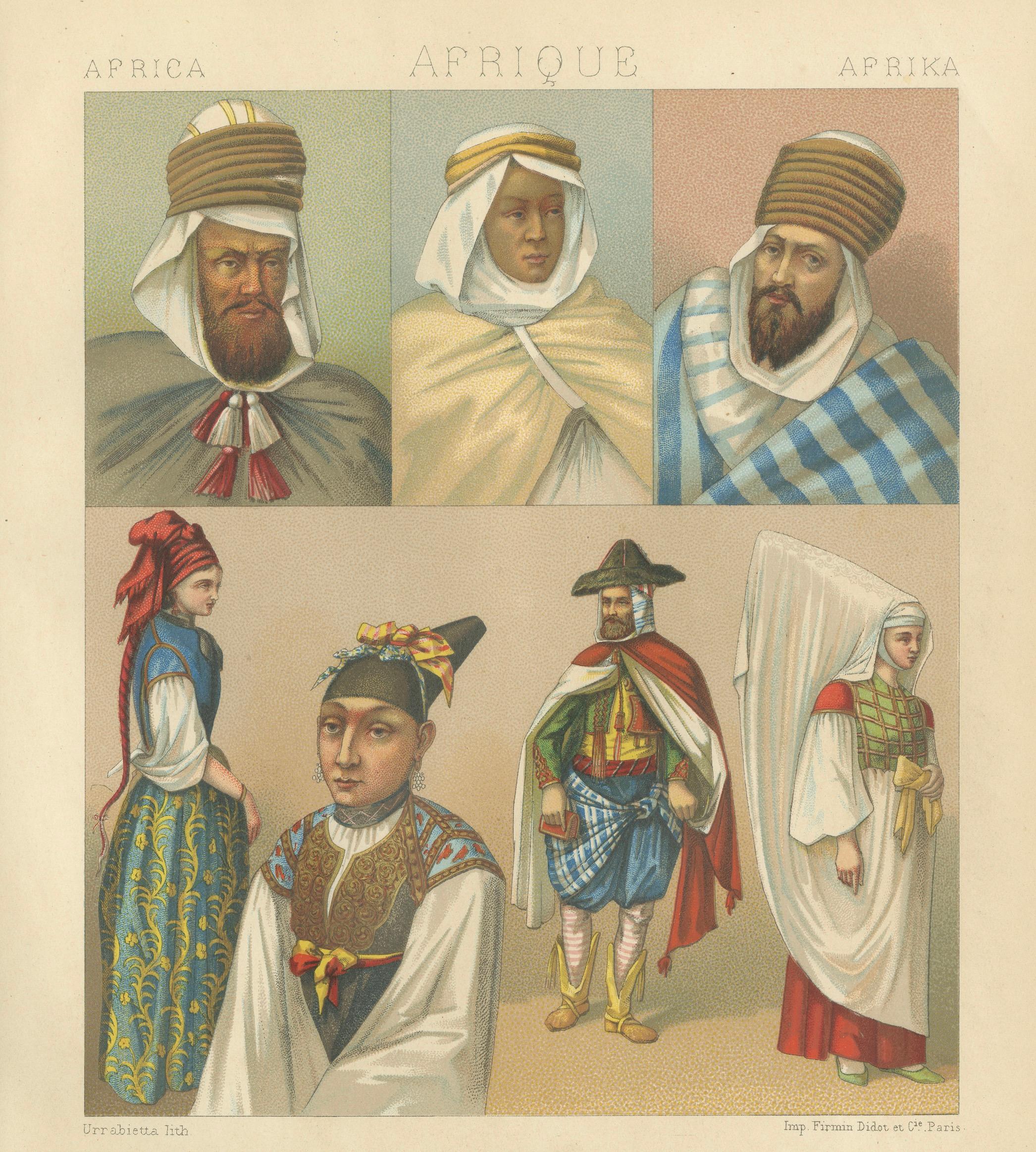 North African Costumes Algeria, Racinet Afrique Chromolithograph, 1888