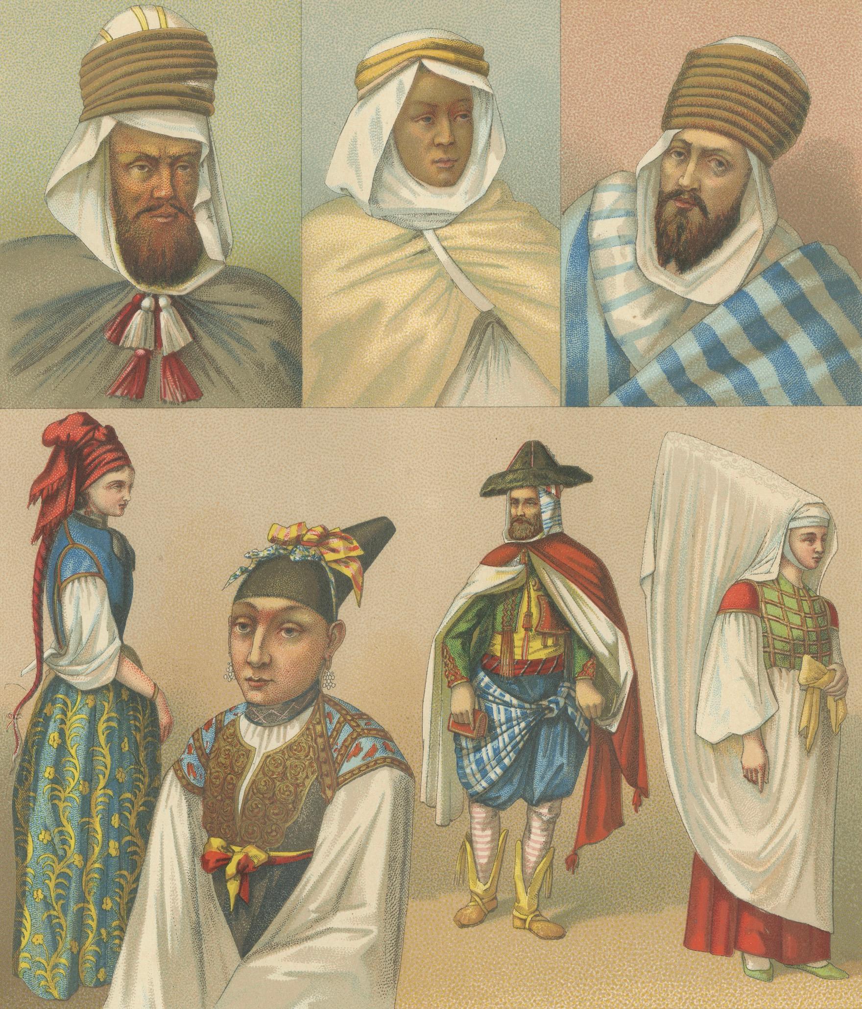 North African Costumes Algeria, Racinet Afrique Chromolithograph, 1888