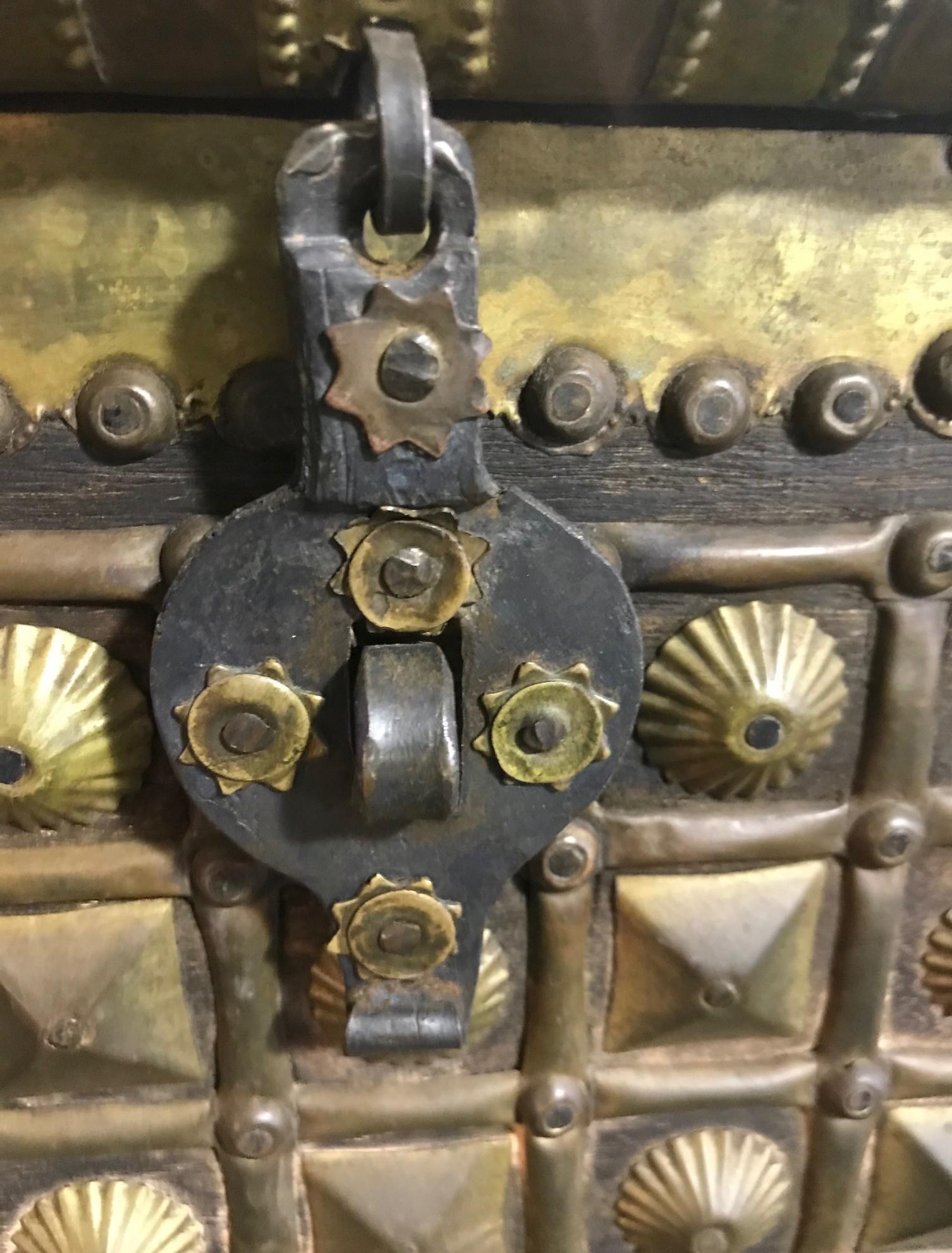 Moroccan North African Moorish Wood and Hammered Brass Decorated Box Coffer