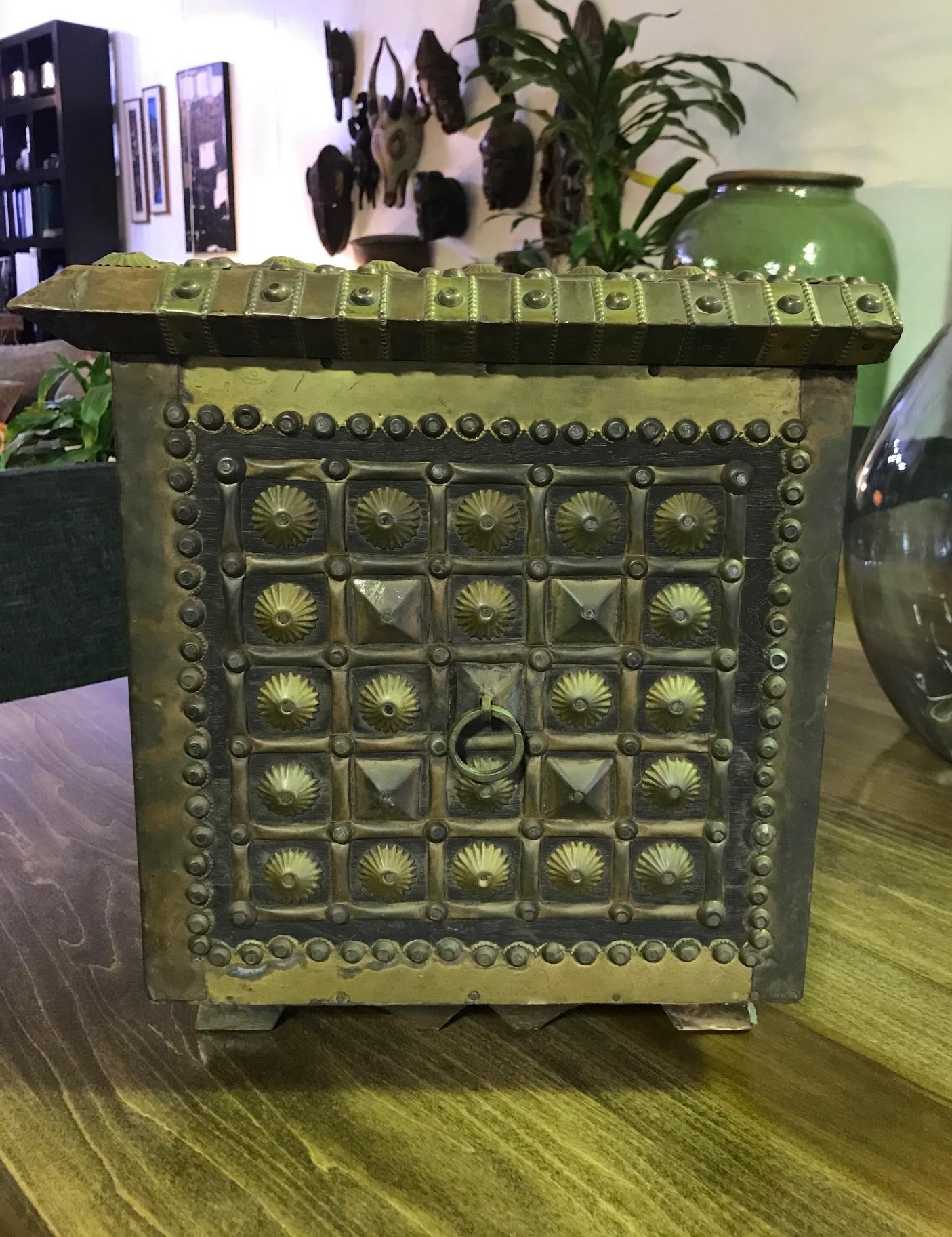 20th Century North African Moorish Wood and Hammered Brass Decorated Box Coffer