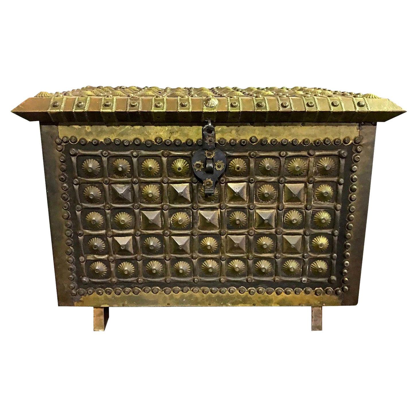 North African Moorish Wood and Hammered Brass Decorated Box Coffer