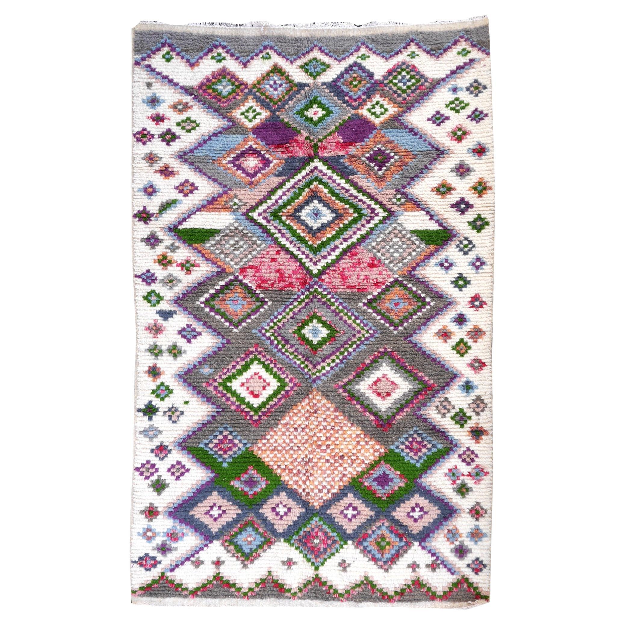 Moroccan Berber Rug Abstract Design Pink Wool White Blue Beige Vintage
