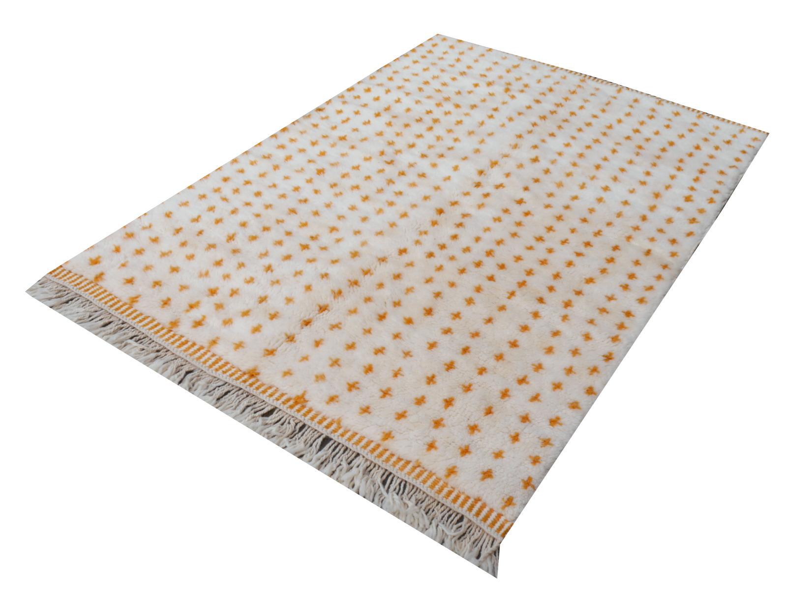 Alfombra Bereber Marroquí Norteafricana Lana Blanca Naranja Anudada a Mano en venta 1