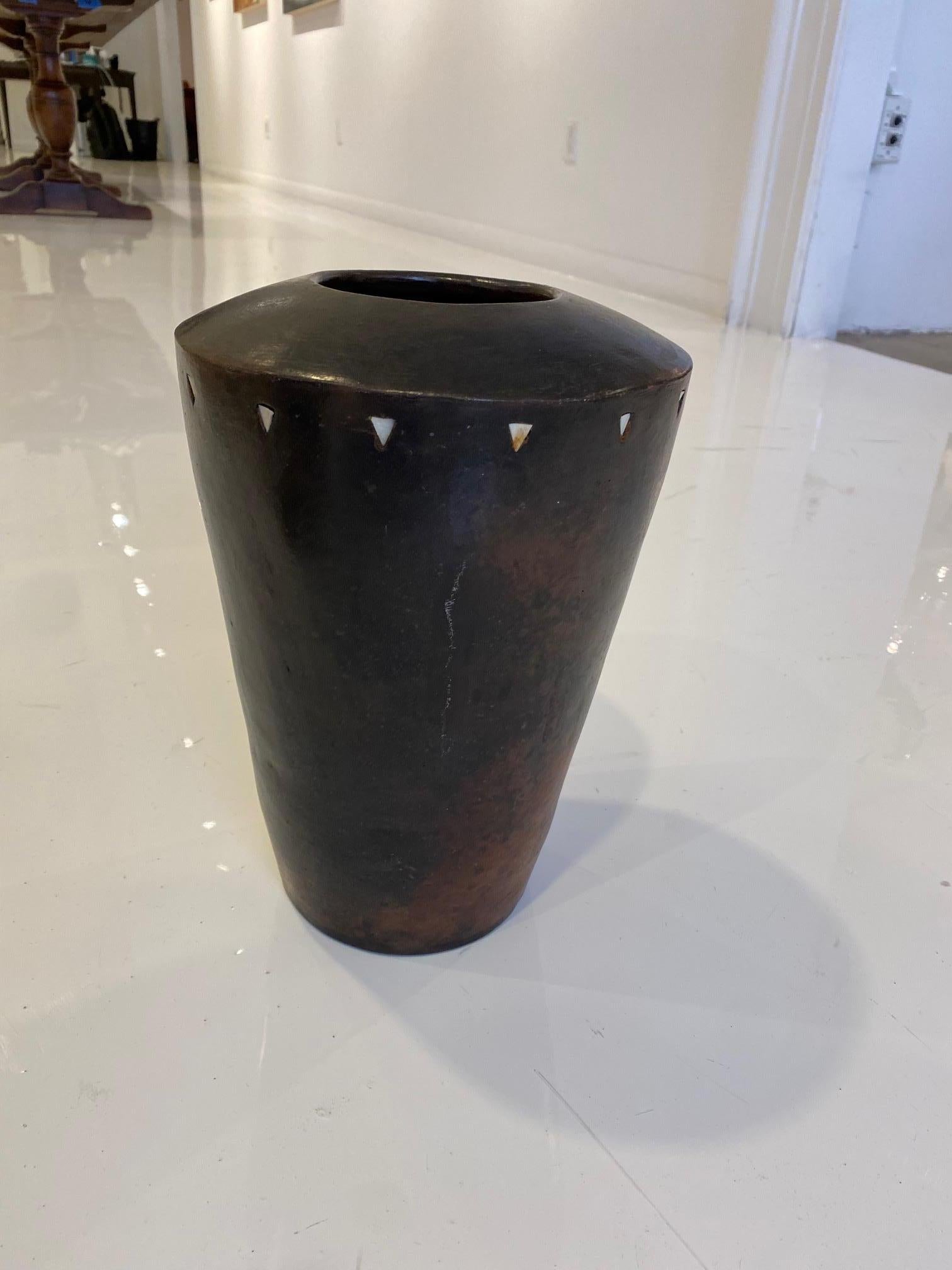North African patinated terracotta vase with bone inlay, 

