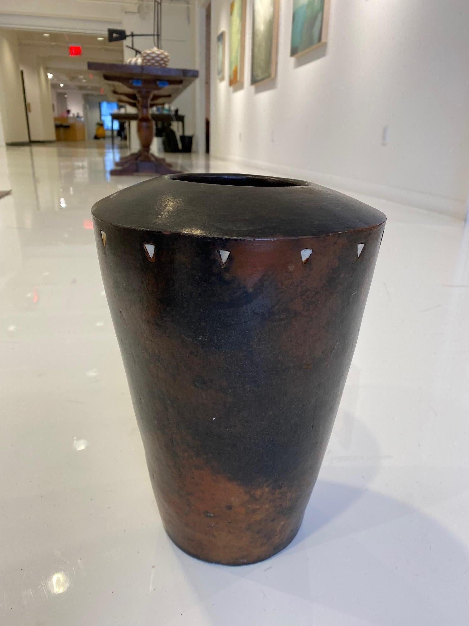North African Patinated Terracotta Vase With Bone Inlay,  In Good Condition For Sale In Montreal, QC
