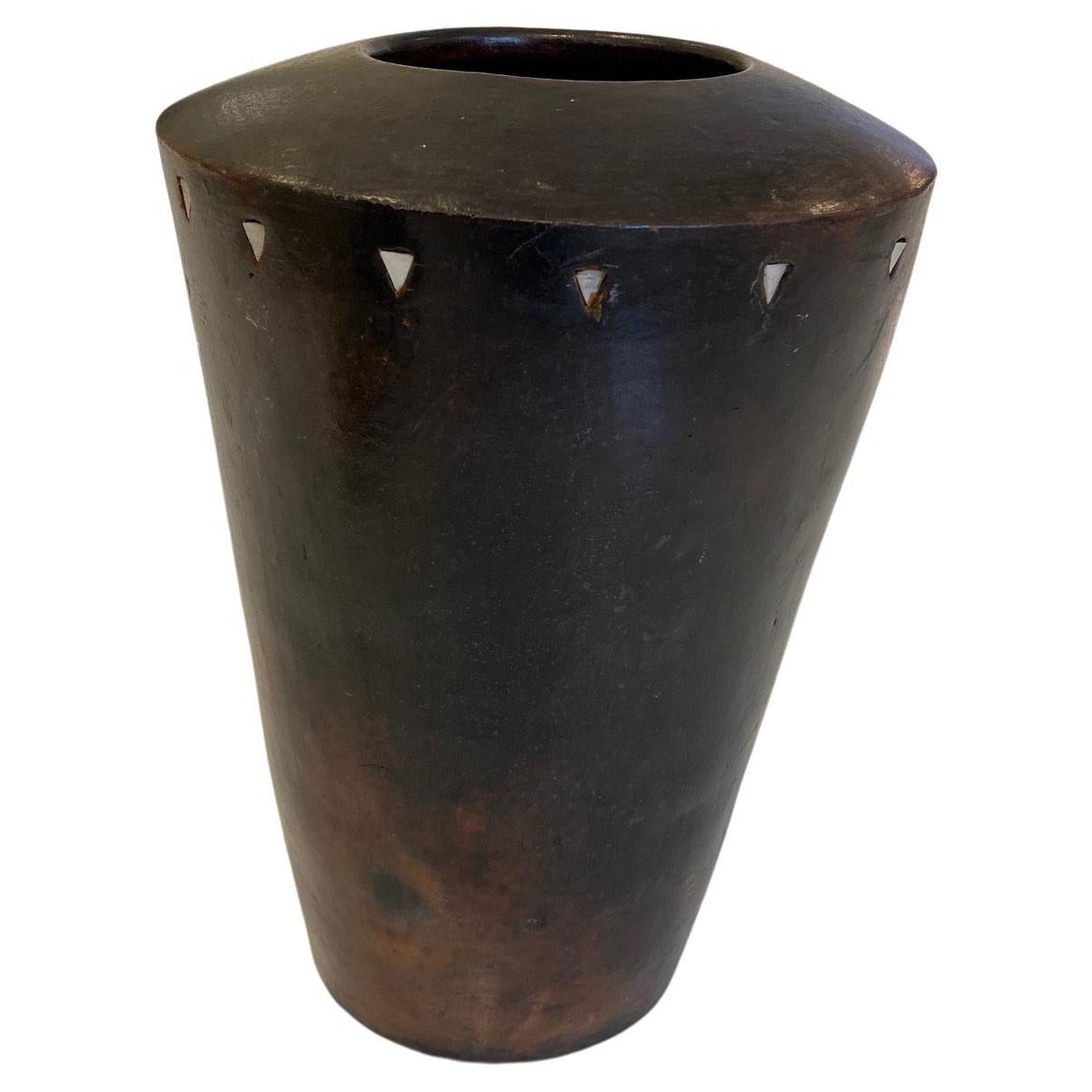 North African Patinated Terracotta Vase With Bone Inlay, 
