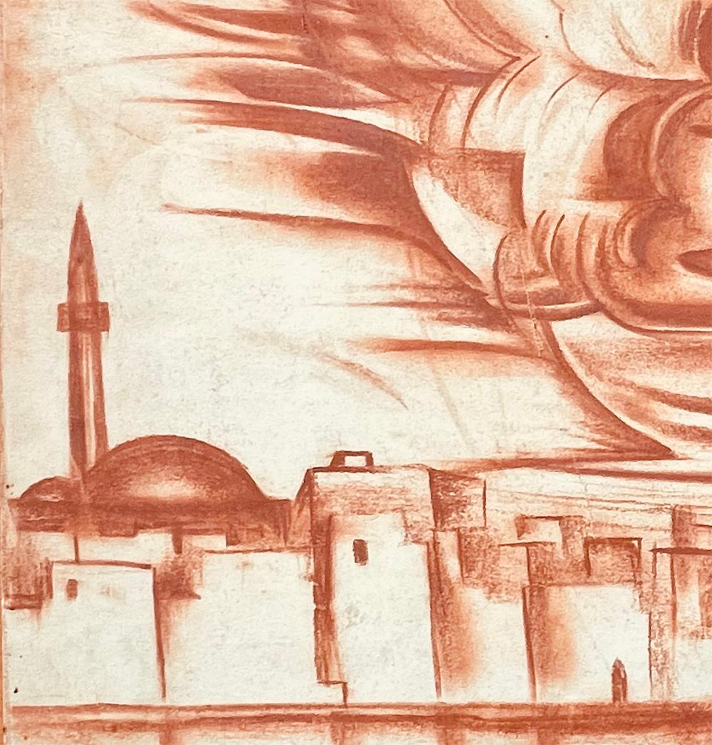 Beautifully realized in sanguine, a ruddy chalk, this view of a North African cityscape dominated by a wide, tumultuous sky and a mosque with a large, low dome and high minaret, was drawn by Misha Reznikoff, a Ukranian-American artist. Reznikoff
