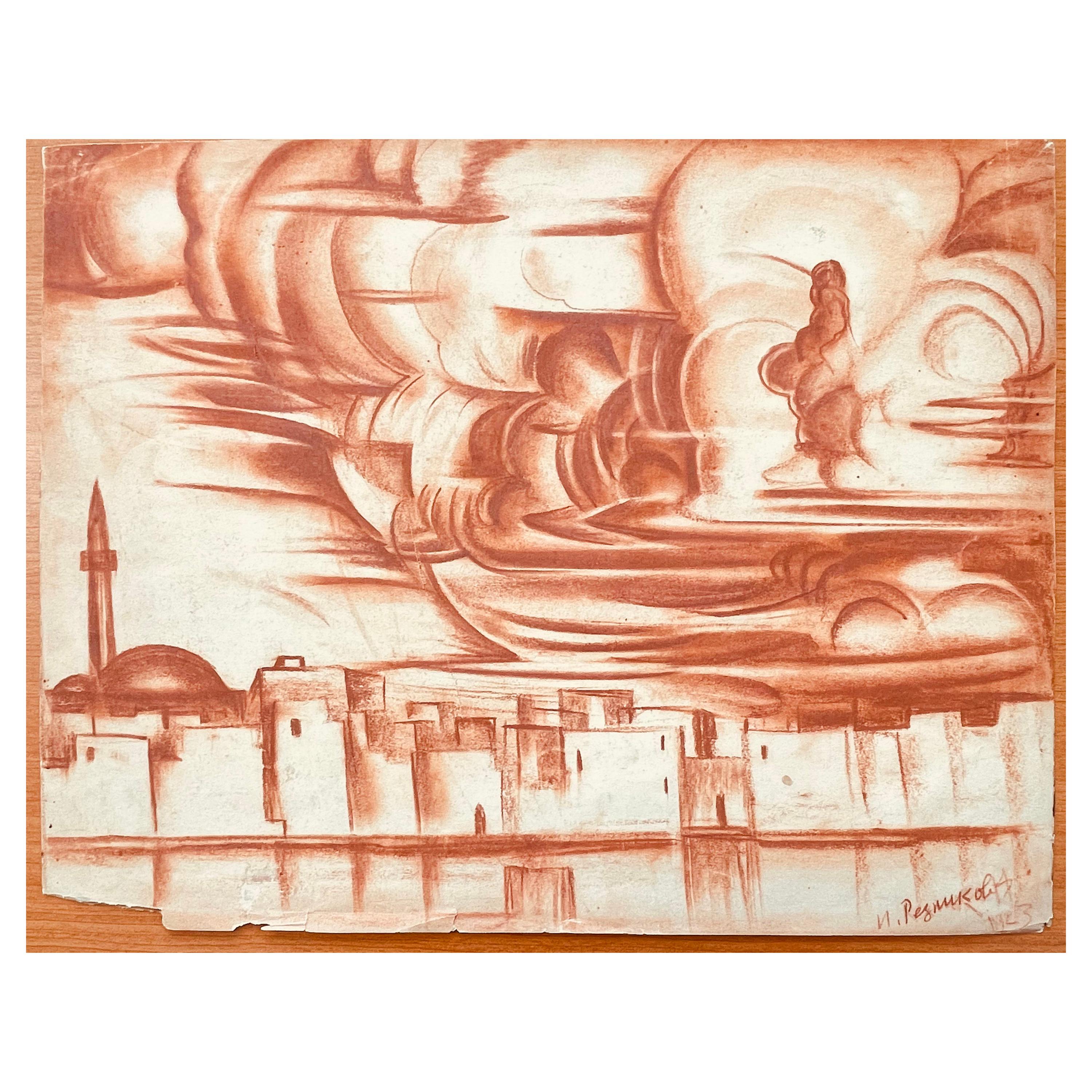 "North African Skyline with Mosque, " Stunning Drawing in Sanguine by Reznikoff