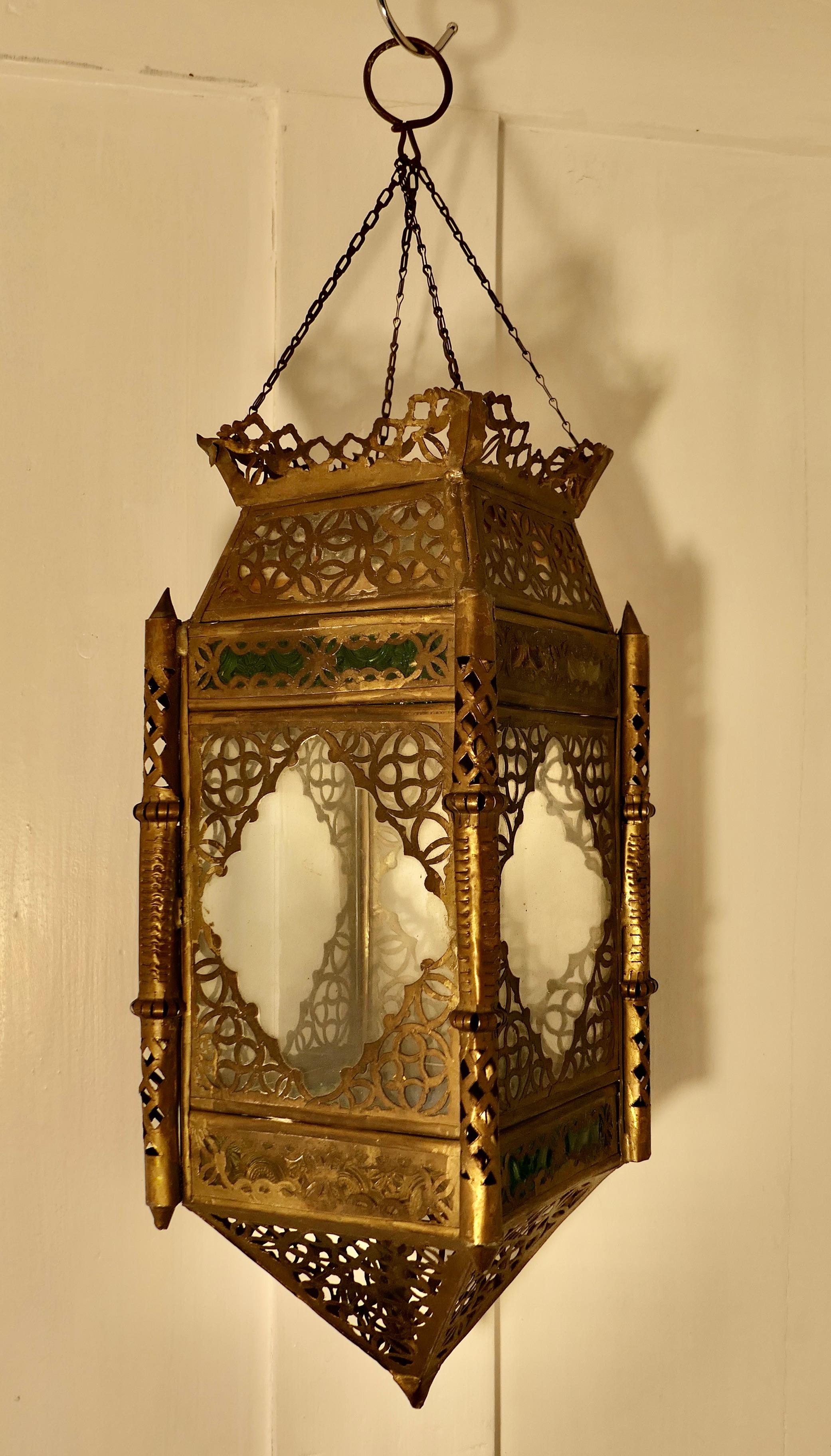 19th Century North African Stained Glass and Brass Hanging Lantern Shade For Sale