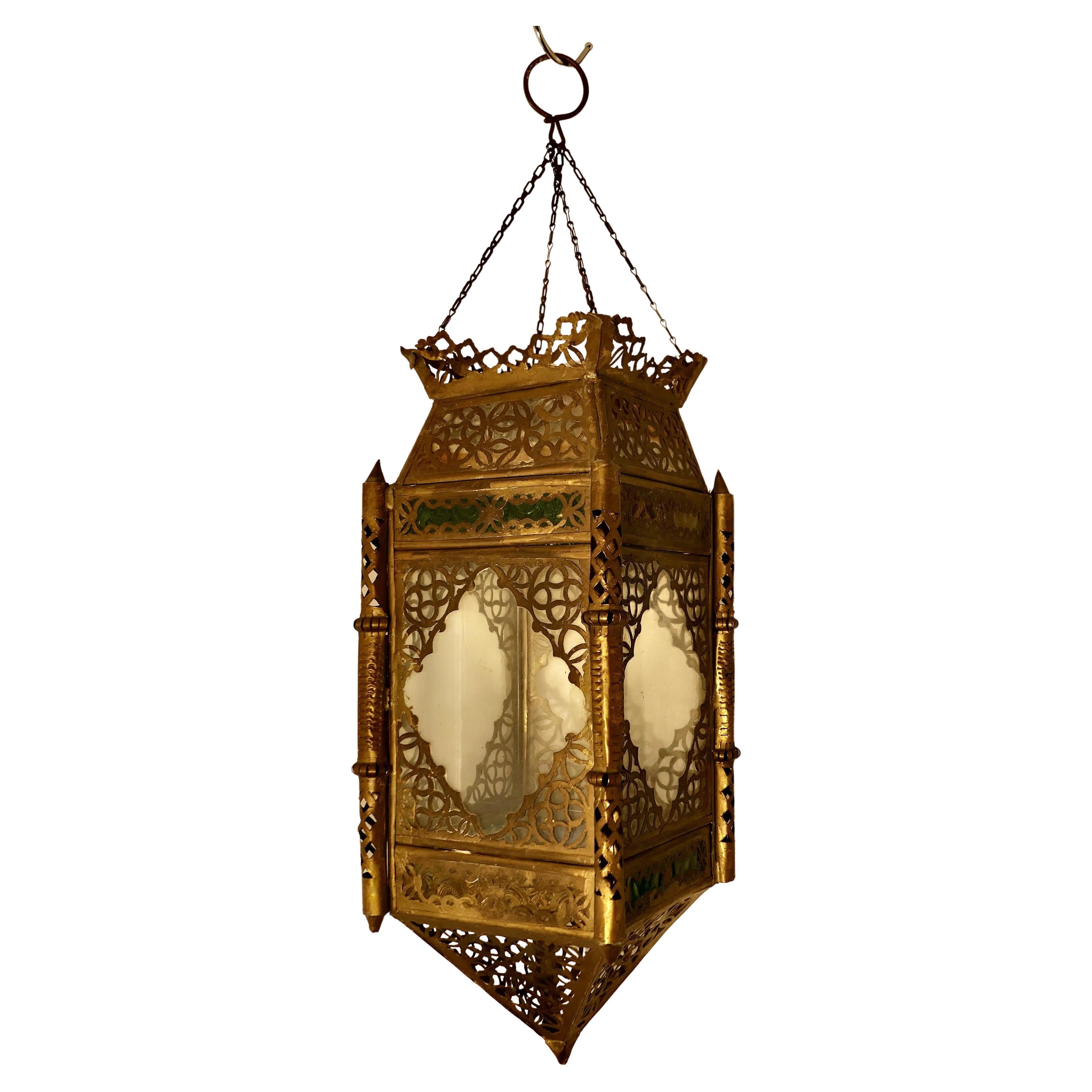 North African Stained Glass and Brass Hanging Lantern Shade For Sale