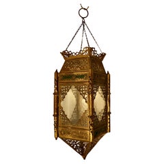 North African Stained Glass and Brass Hanging Lantern Shade
