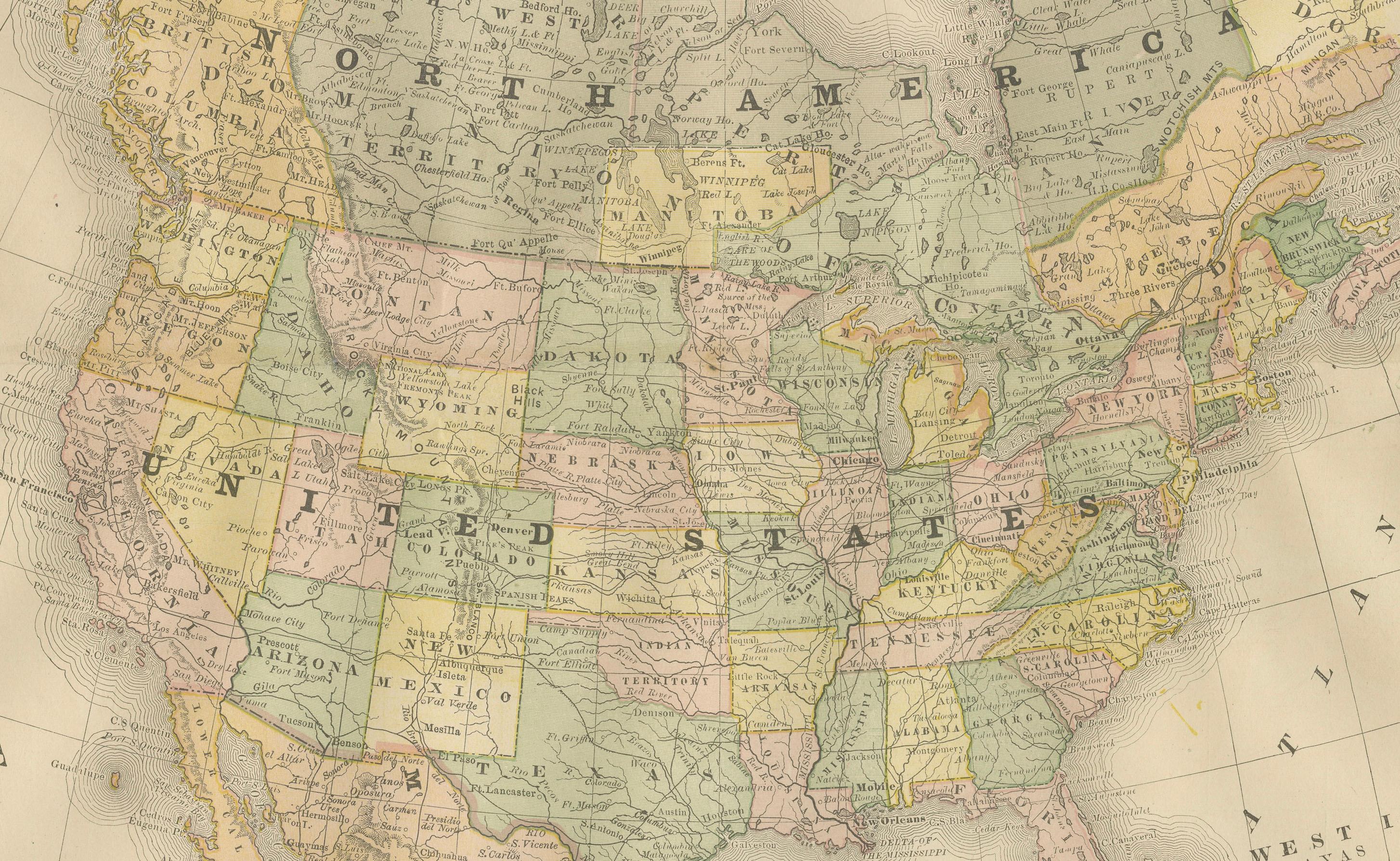 Antike Eisenbahnkarte von Nordamerika, ca. 1888 - USA, Kanada und Mexiko im Angebot 1