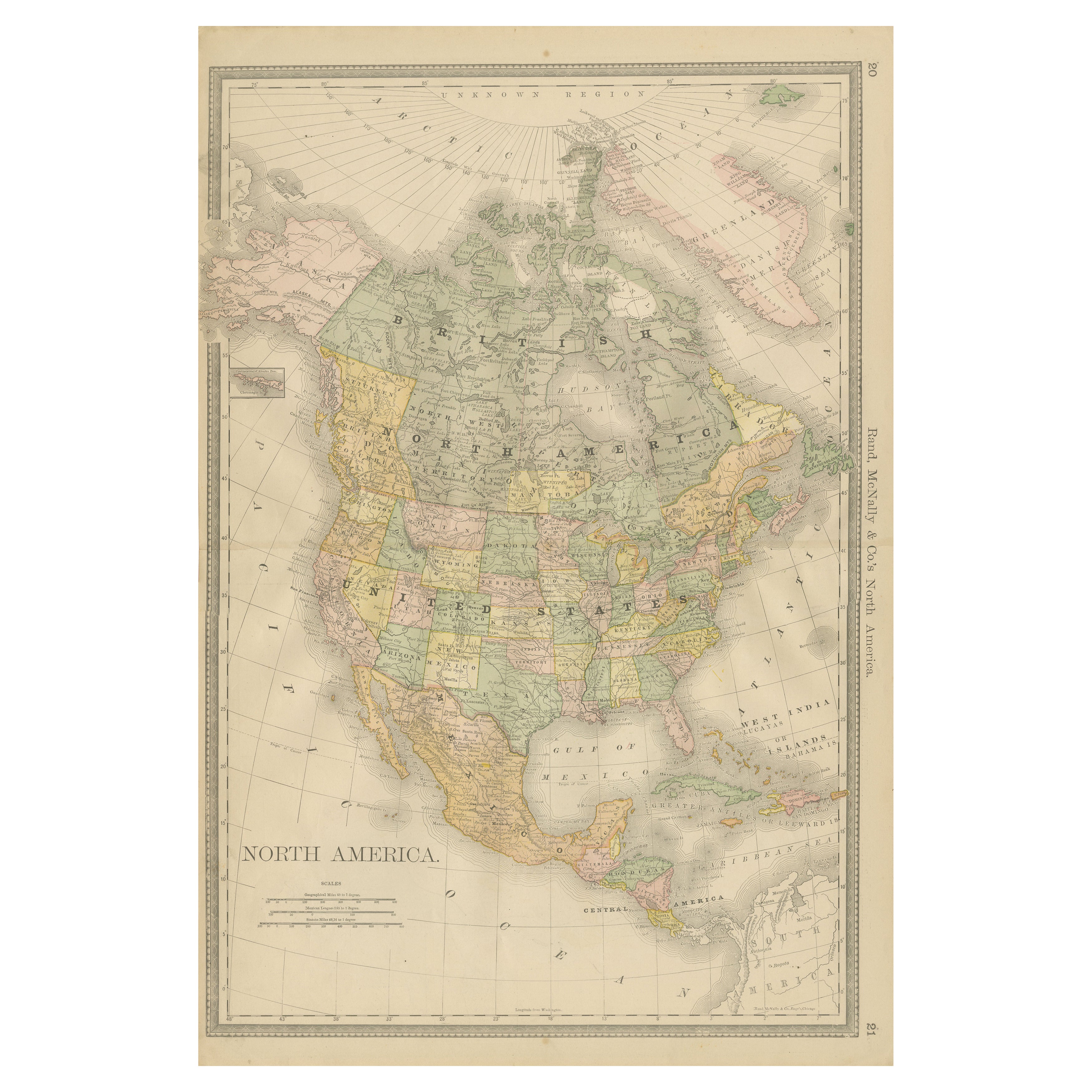 Carte ferroviaire ancienne de l'Amérique du Nord c.1888 - U.S., Canada & Mexique
