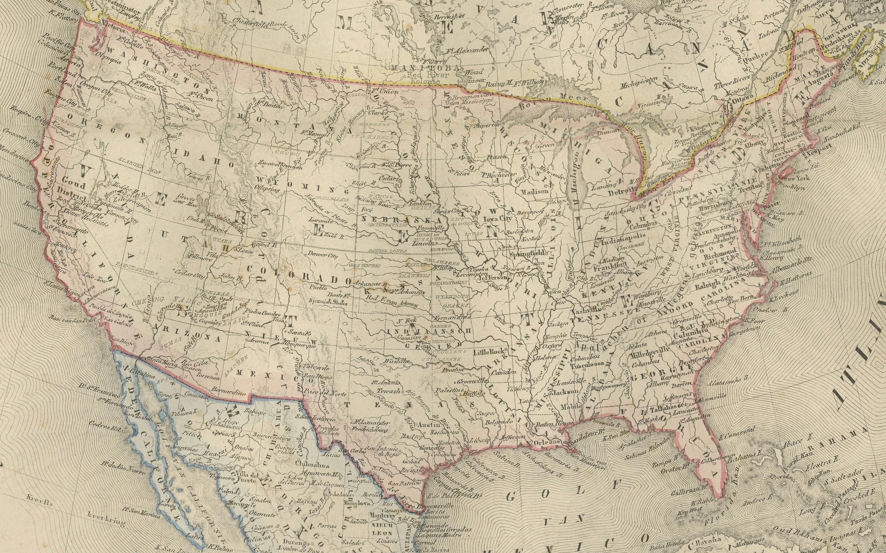 Mappa del Nord America con Stati Uniti, Canada e Messico - Nieuwe Hand-Atlas, 1876 in vendita 4