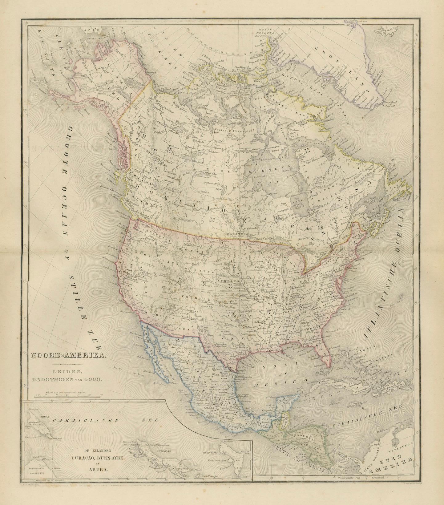 Mappa del Nord America con Stati Uniti, Canada e Messico - Nieuwe Hand-Atlas, 1876 in vendita 5