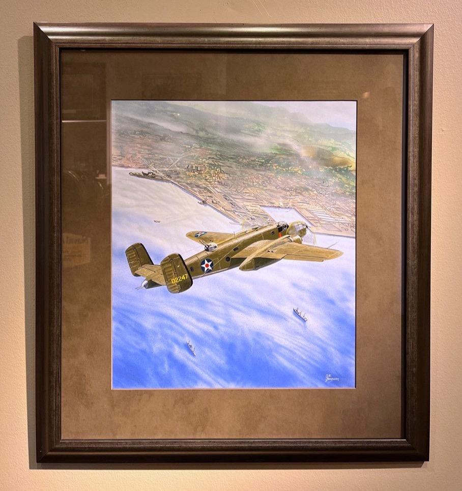 Presented is an original mixed media painting by Steve Ferguson, entitled North American B-25B Mitchell Airplane. The work was painted for use on the Fleetwood Commemorative Cover of the U.S. 29-cent flag stamp, issued on August 19, 1994. In the