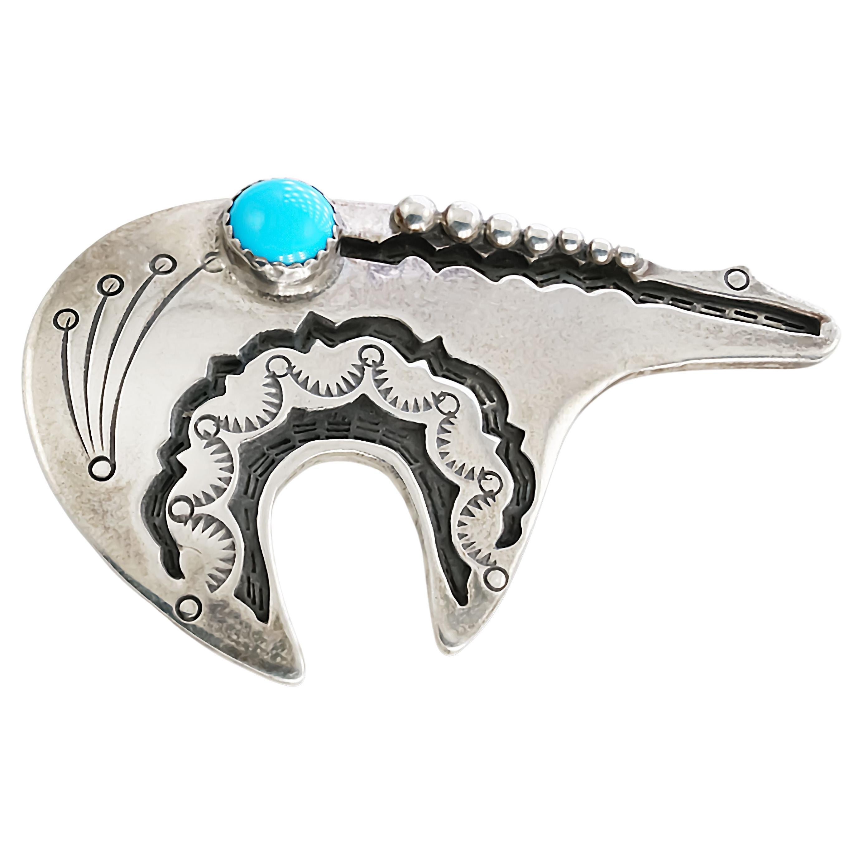 North American Navajo Sterling Silver and Turquoise Bear Brooch Pin Pendant