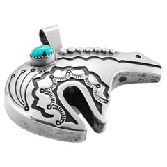North American Navajo Sterling Silver and Turquoise Bear Pendant