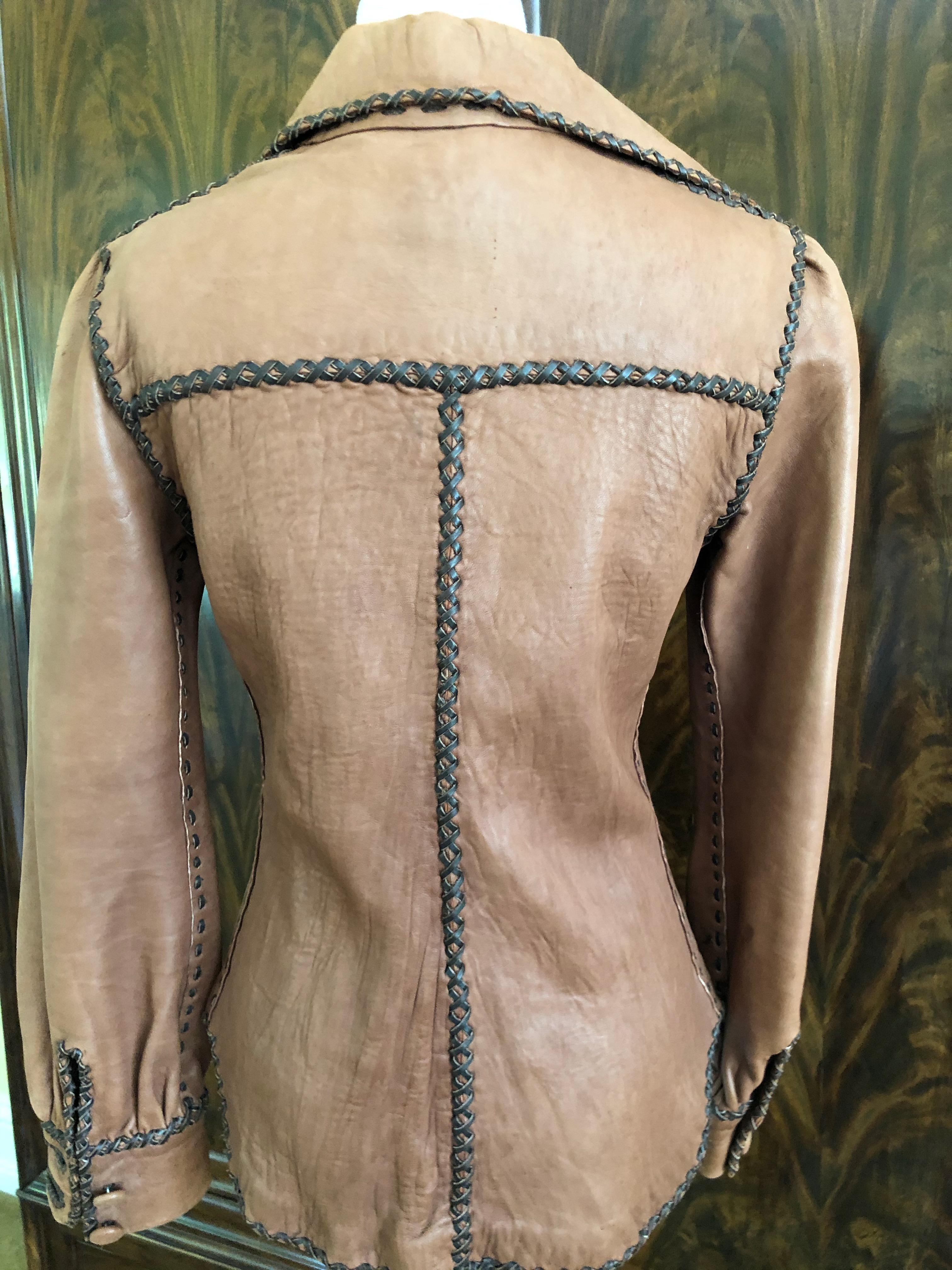 Brown North Beach Leather Early 1970's Whipstitched Leather Rich Hippie Jacket For Sale