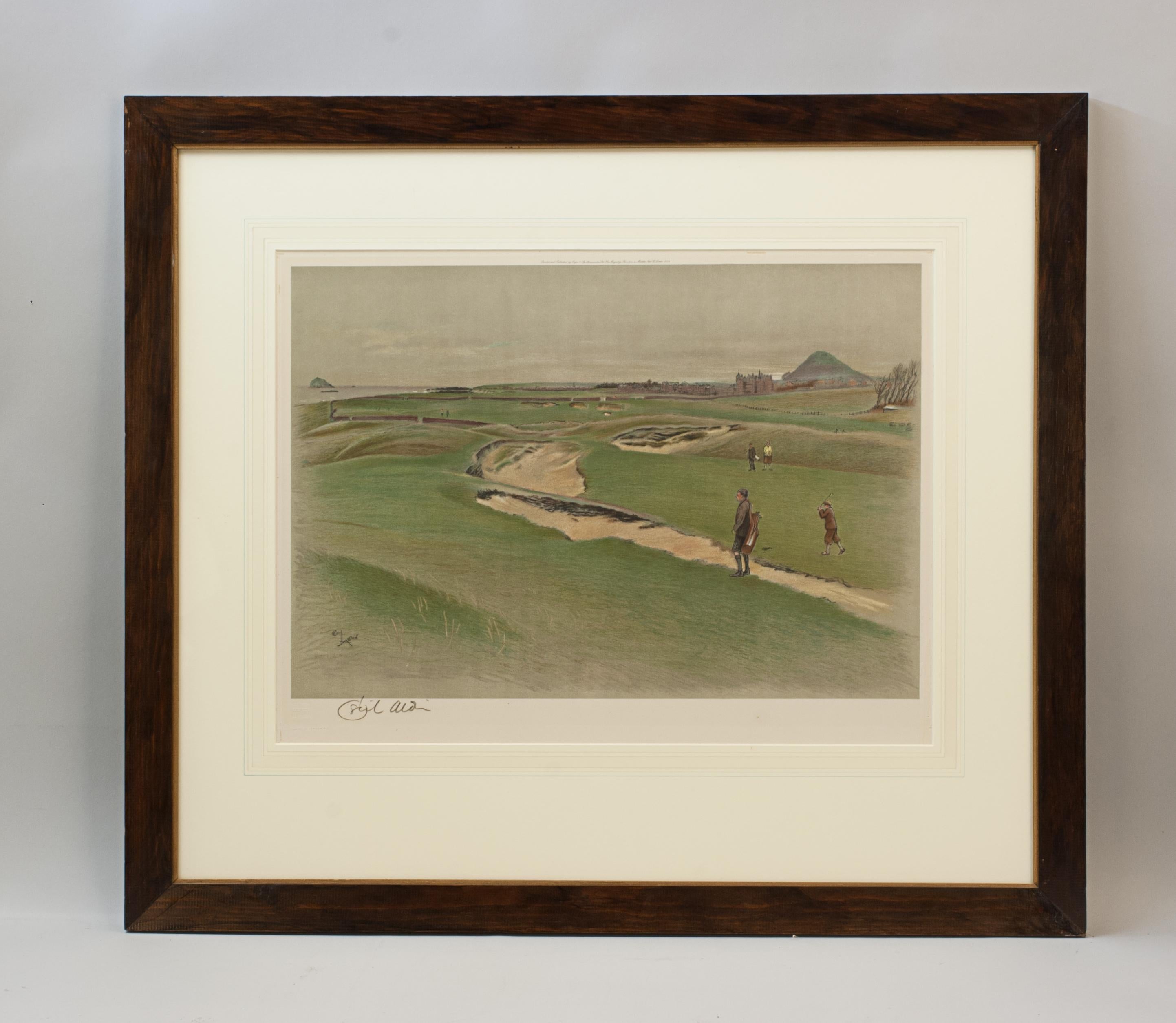 Impresión de golf firmada por Cecil Aldin, North Berwick.
Una colorida fotolitografía de golf enmarcada del Club de Golf de North Berwick (Perfection & The Redan). Firmado a lápiz en el margen inferior izquierdo por el artista, Cecil Aldin. Impreso