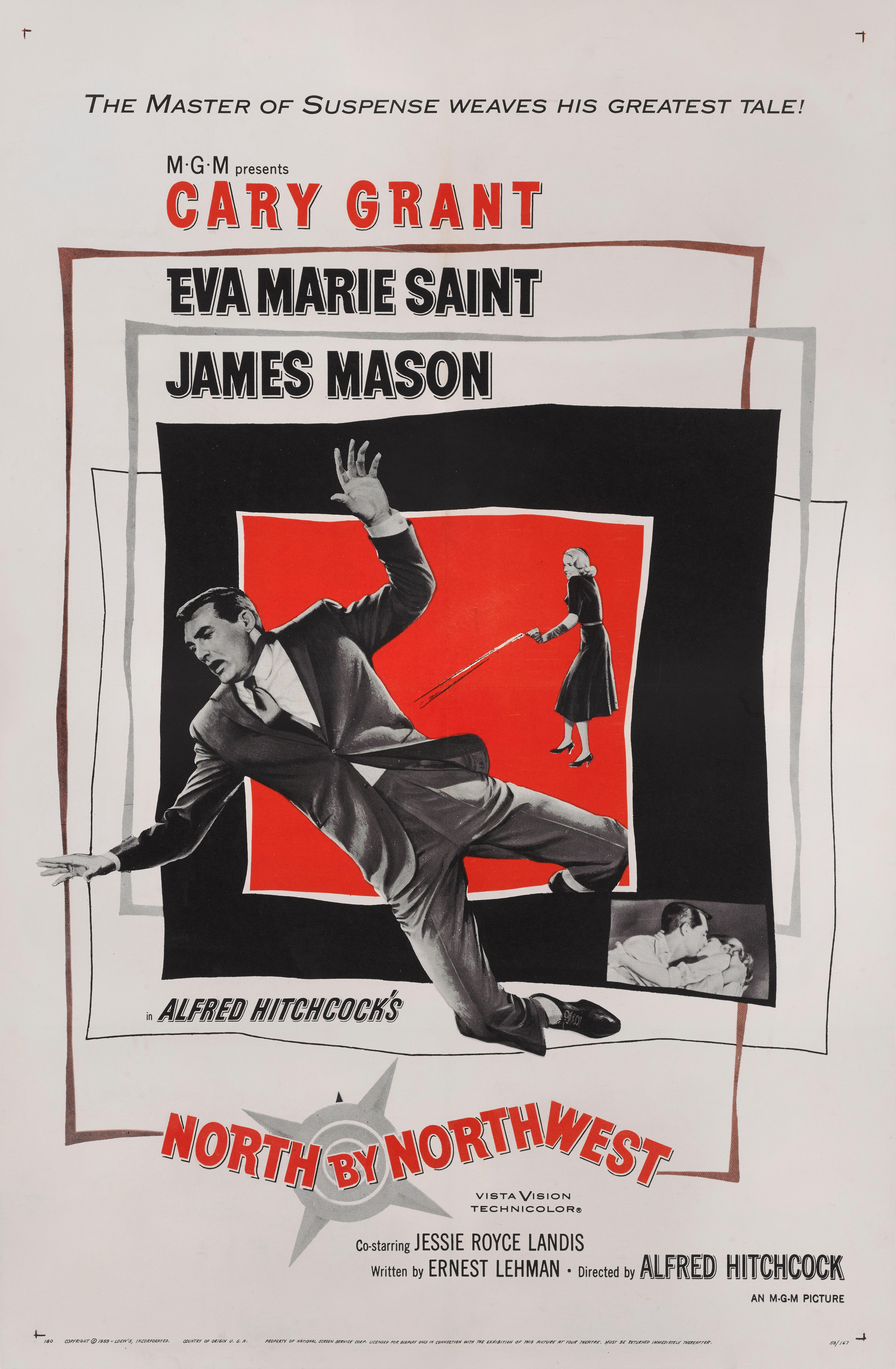 Original American movie poster for Alfred Hitchcock's wonderful 1959 thriller starring Cary Grant, Eva Marie Saint and James Mason. This poster is conservation linen backed and it would be shipped rolled in a strong tube.