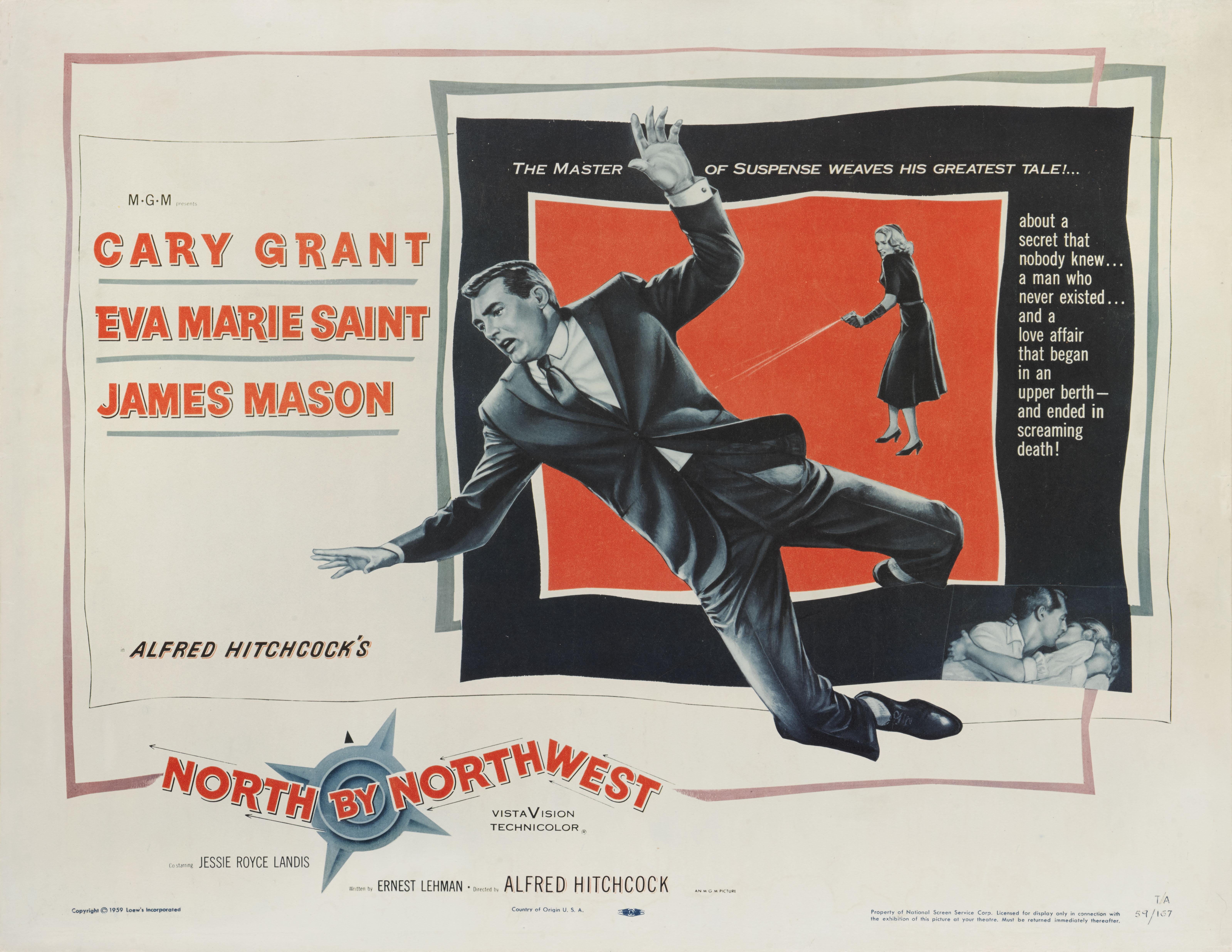 Cartel original estadounidense del gran thriller de Alfred Hitchcock de 1959, protagonizado por Cary Grant, Eva Marie Saint y James Mason.
Este póster tiene reverso de papel de conservación y se enviaría plano en un paquete muy resistente y asiento