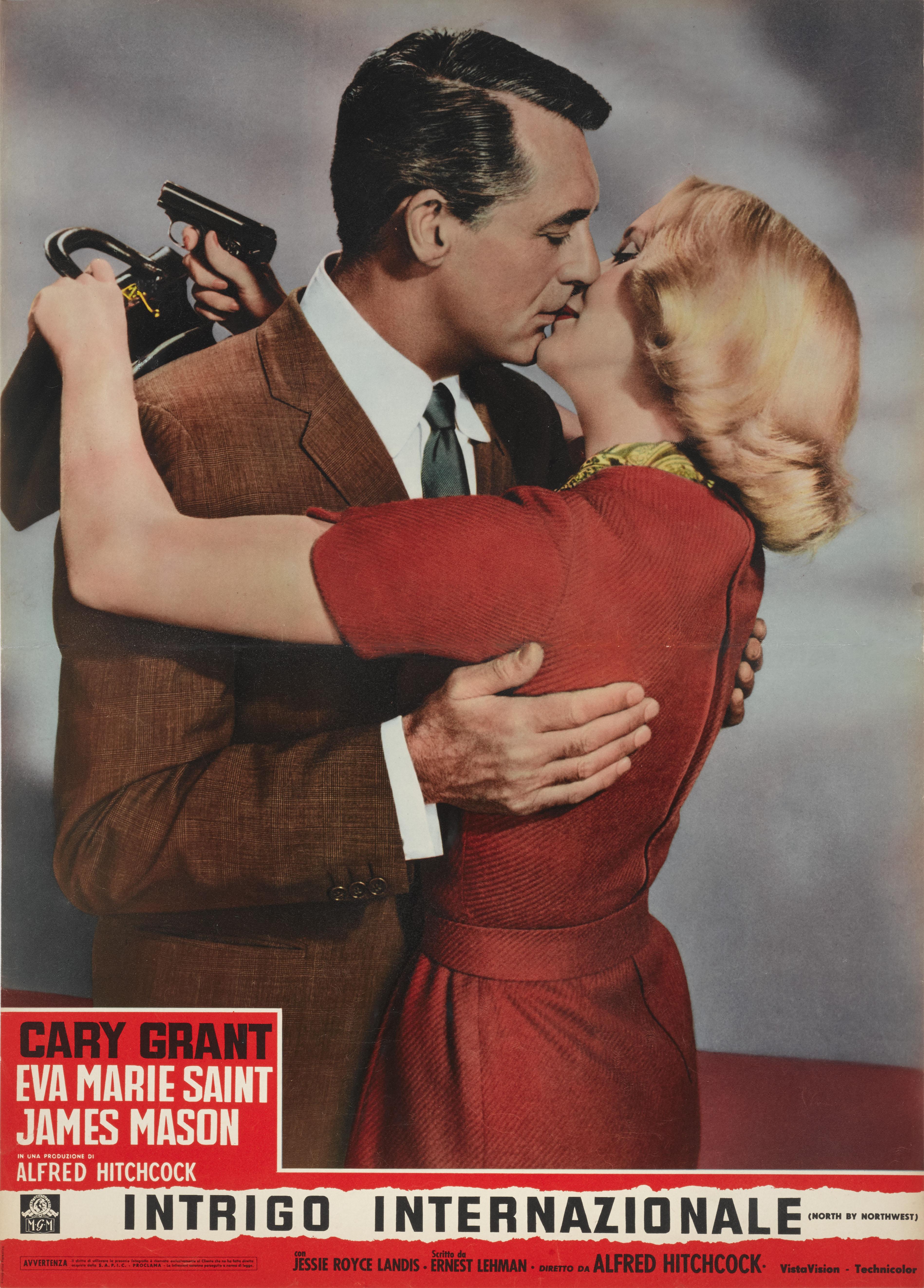 Poster cinematografico originale italiano della prima uscita di questo classico di Hitchcock.
Questo film è interpretato da Cary Grant, Eva Marie Saint e A. James Mason. L'opera d'arte di questo poster è unica per l'uscita italiana del film.
Questo