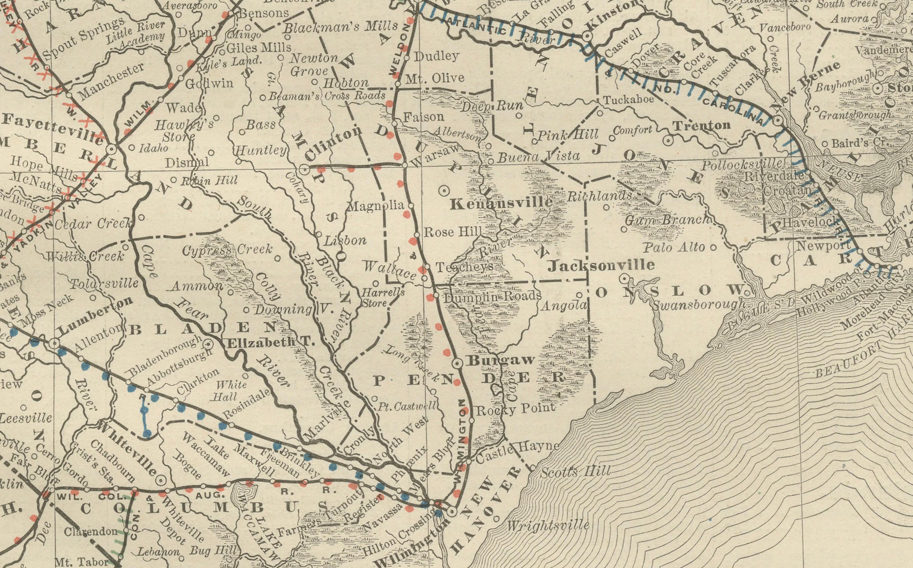 Carte ferroviaire ancienne de Caroline du Nord c.1888 - Tar Heel State Counties & Cities en vente 3