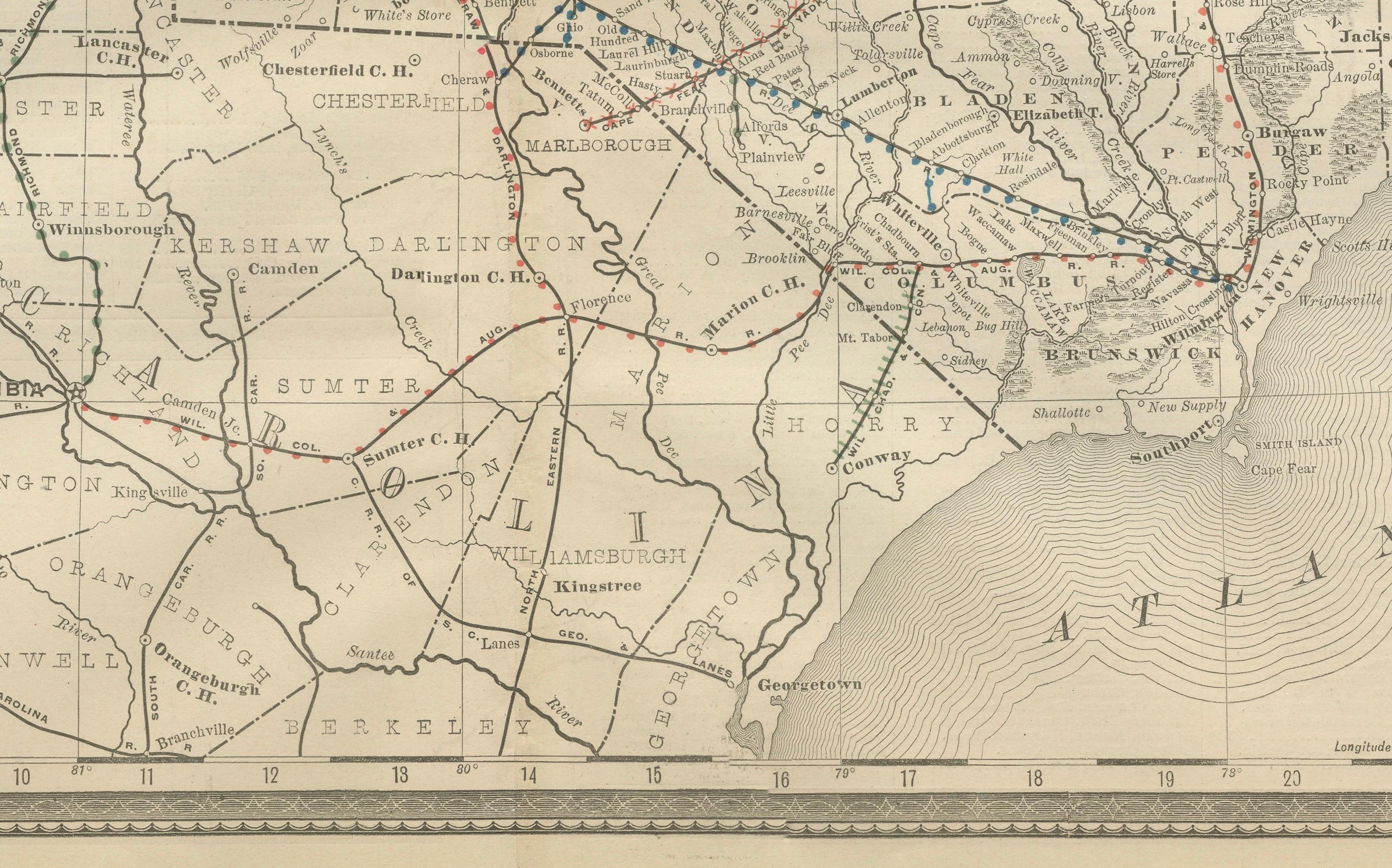 Carte ferroviaire ancienne de Caroline du Nord c.1888 - Tar Heel State Counties & Cities en vente 4