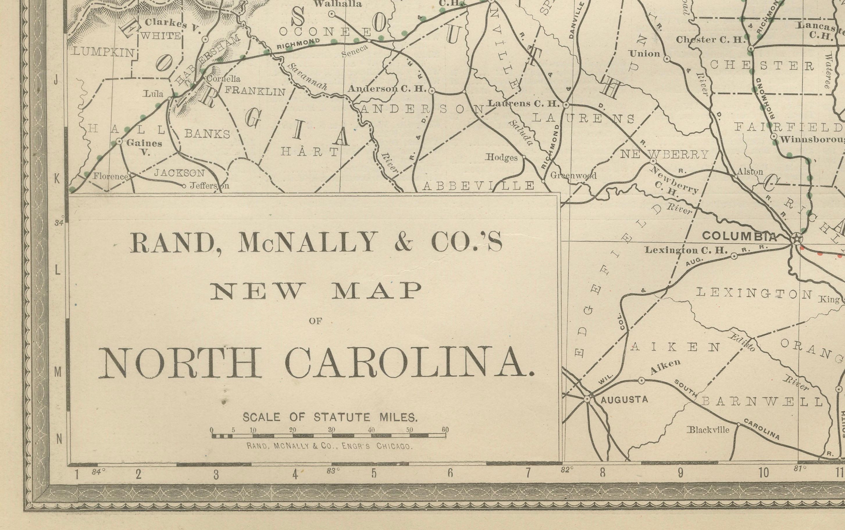 Carte ferroviaire ancienne de Caroline du Nord c.1888 - Tar Heel State Counties & Cities en vente 5
