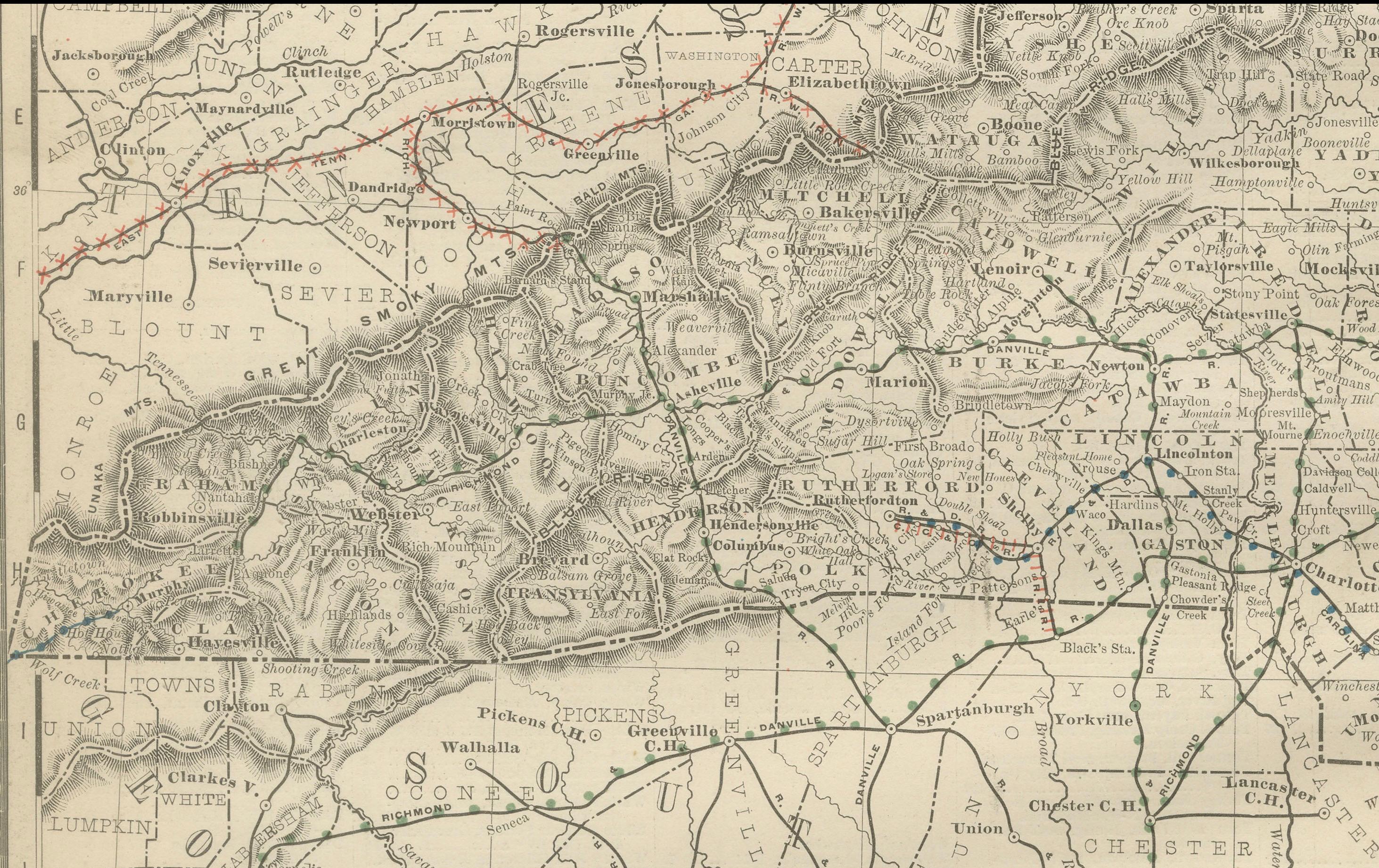 Gravé Carte ferroviaire ancienne de Caroline du Nord c.1888 - Tar Heel State Counties & Cities en vente