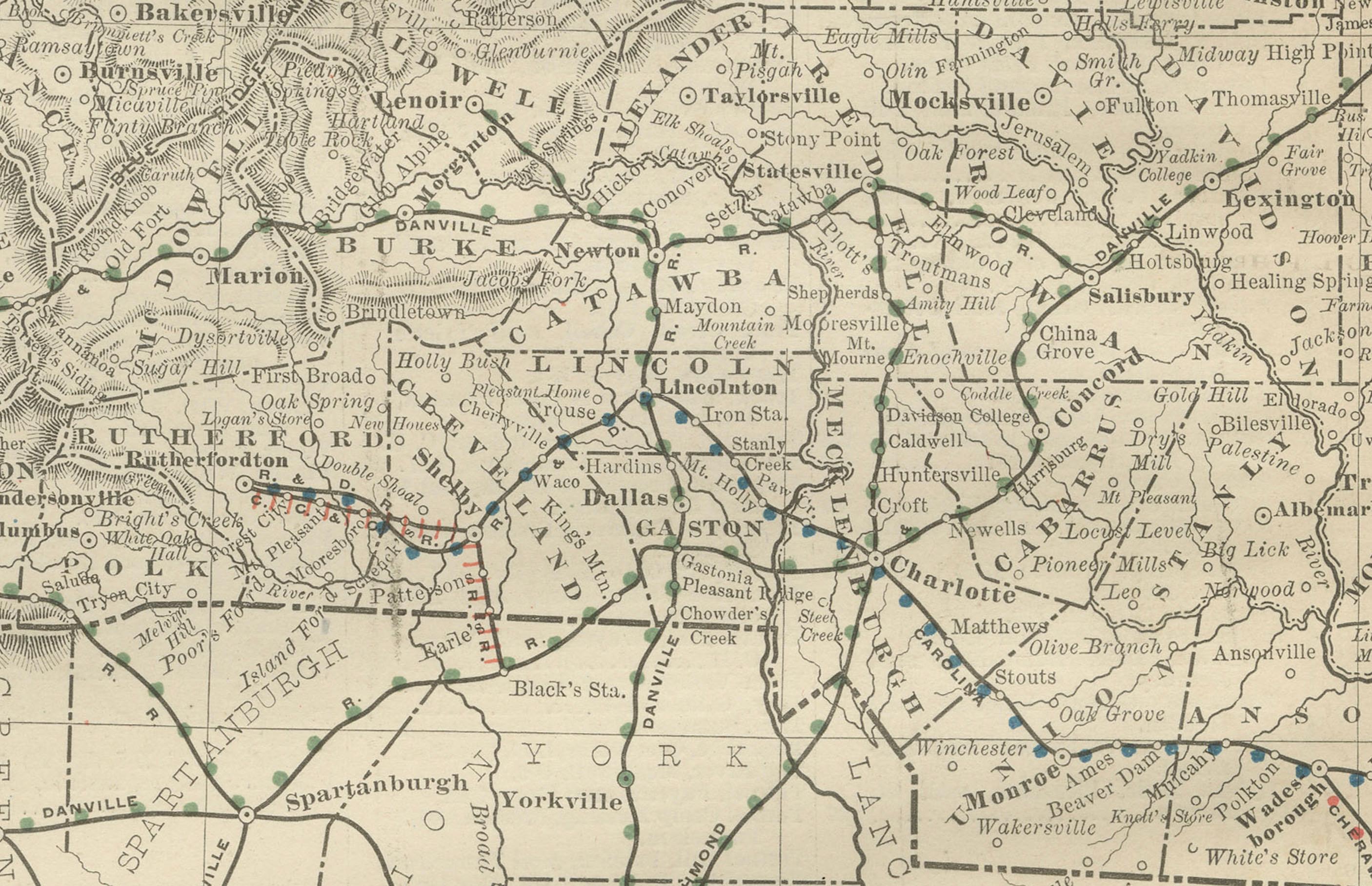 Carte ferroviaire ancienne de Caroline du Nord c.1888 - Tar Heel State Counties & Cities Bon état - En vente à Langweer, NL
