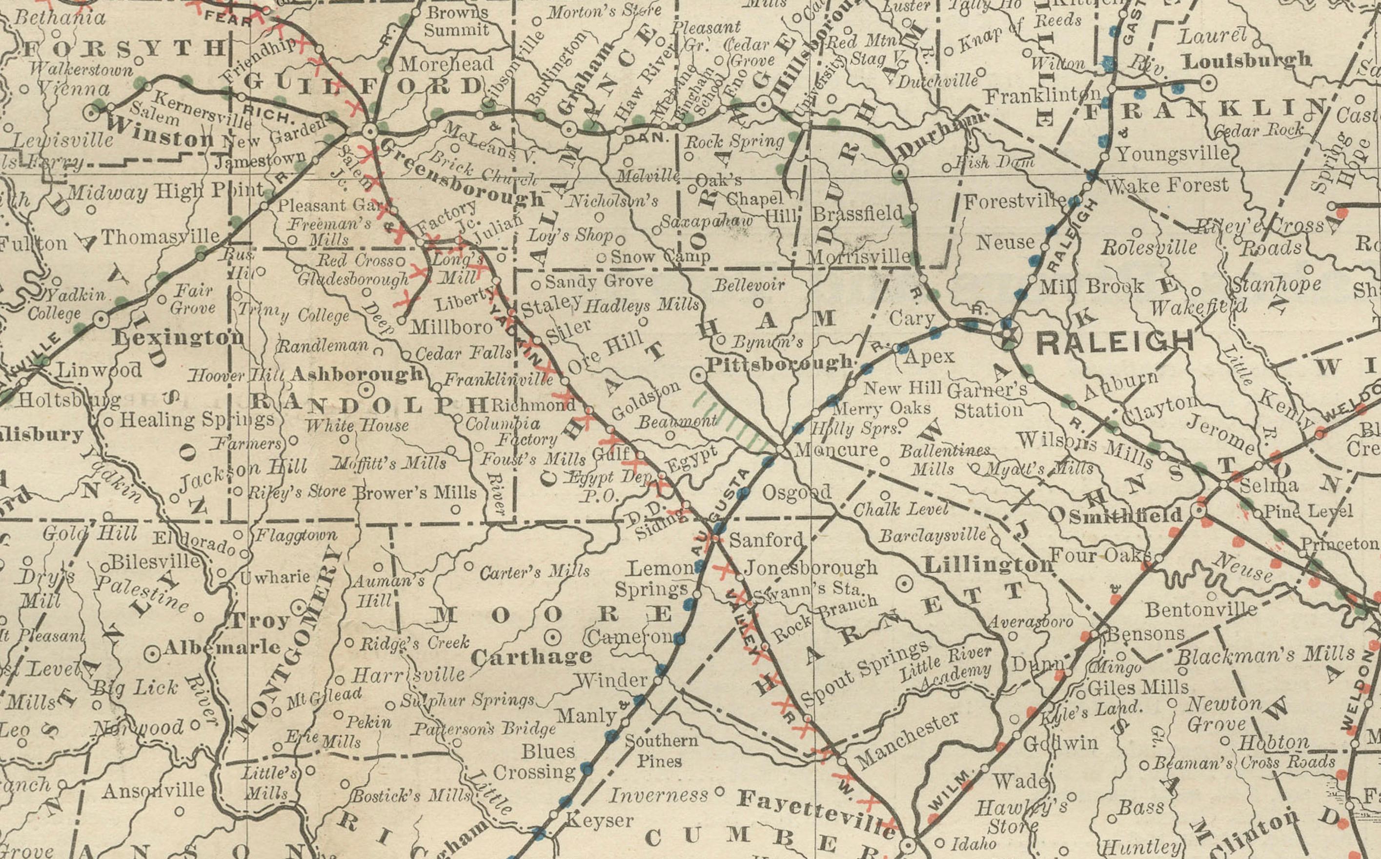 XIXe siècle Carte ferroviaire ancienne de Caroline du Nord c.1888 - Tar Heel State Counties & Cities en vente