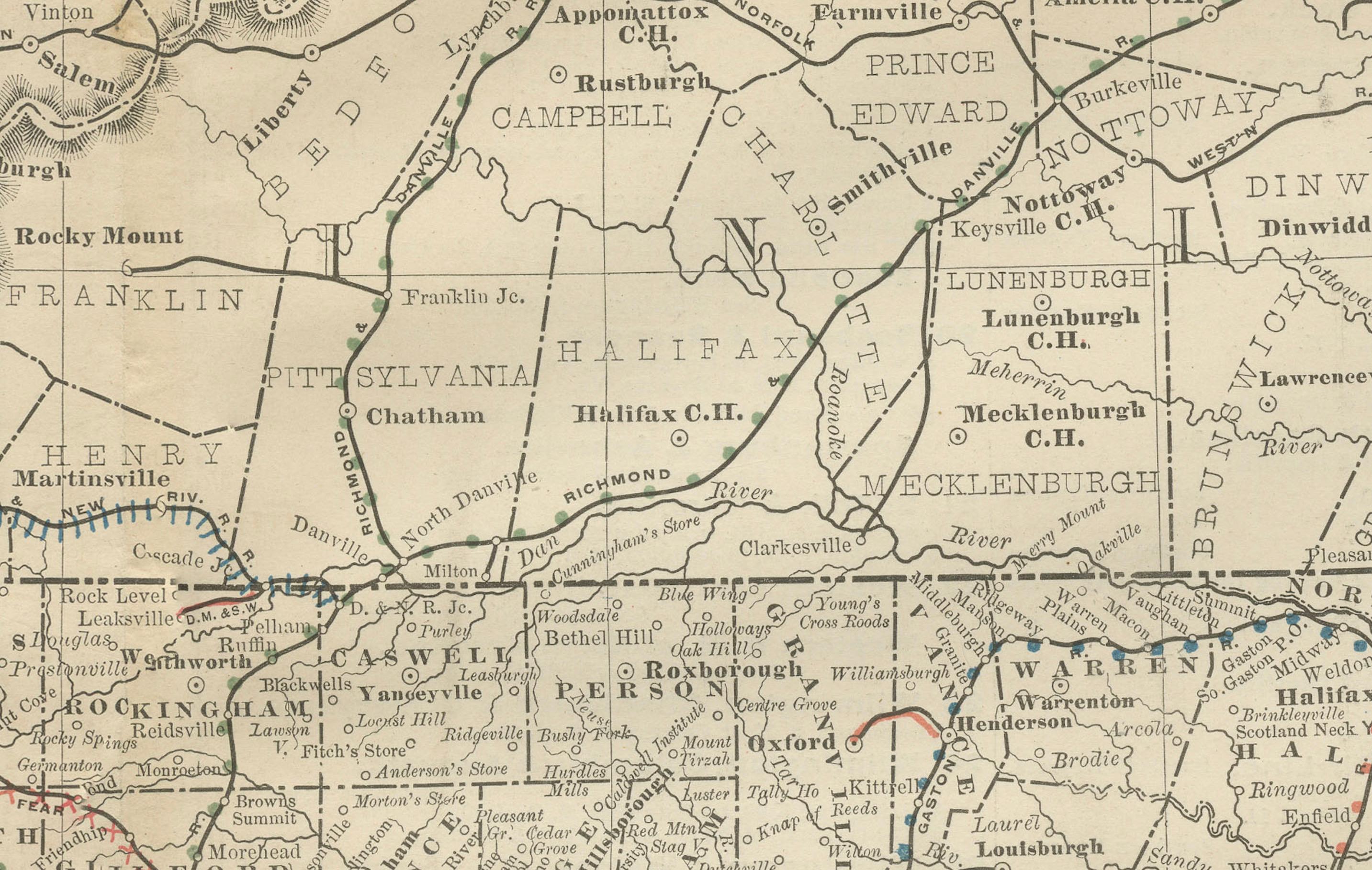 Papier Carte ferroviaire ancienne de Caroline du Nord c.1888 - Tar Heel State Counties & Cities en vente