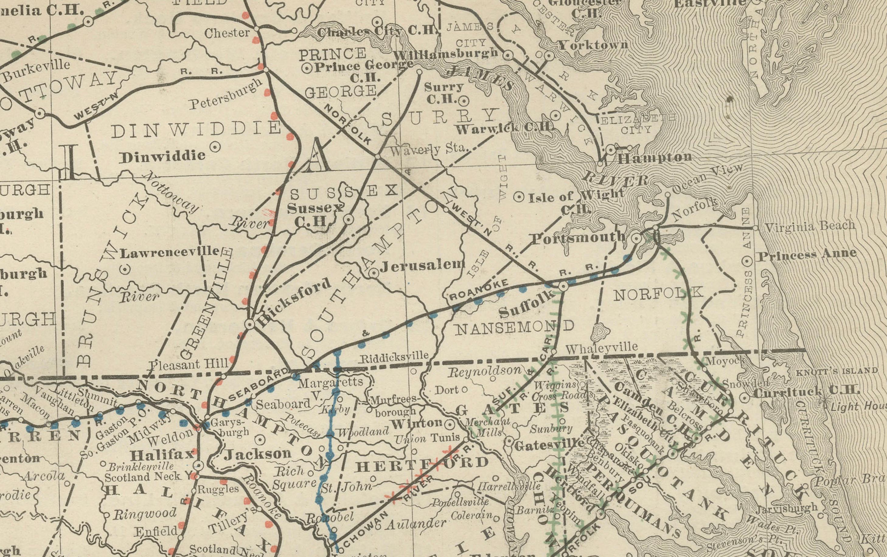 Carte ferroviaire ancienne de Caroline du Nord c.1888 - Tar Heel State Counties & Cities en vente 1