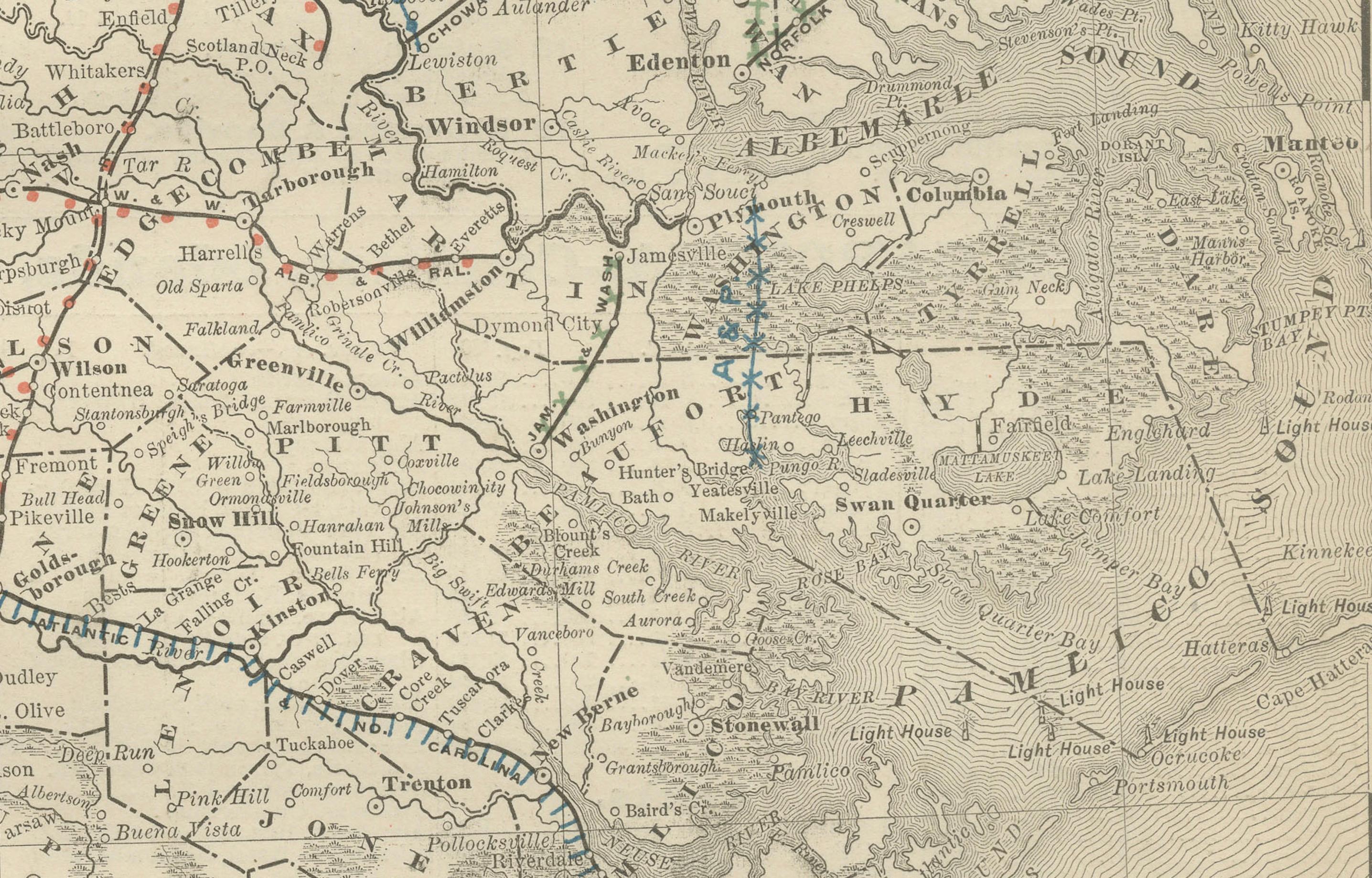Carte ferroviaire ancienne de Caroline du Nord c.1888 - Tar Heel State Counties & Cities en vente 2