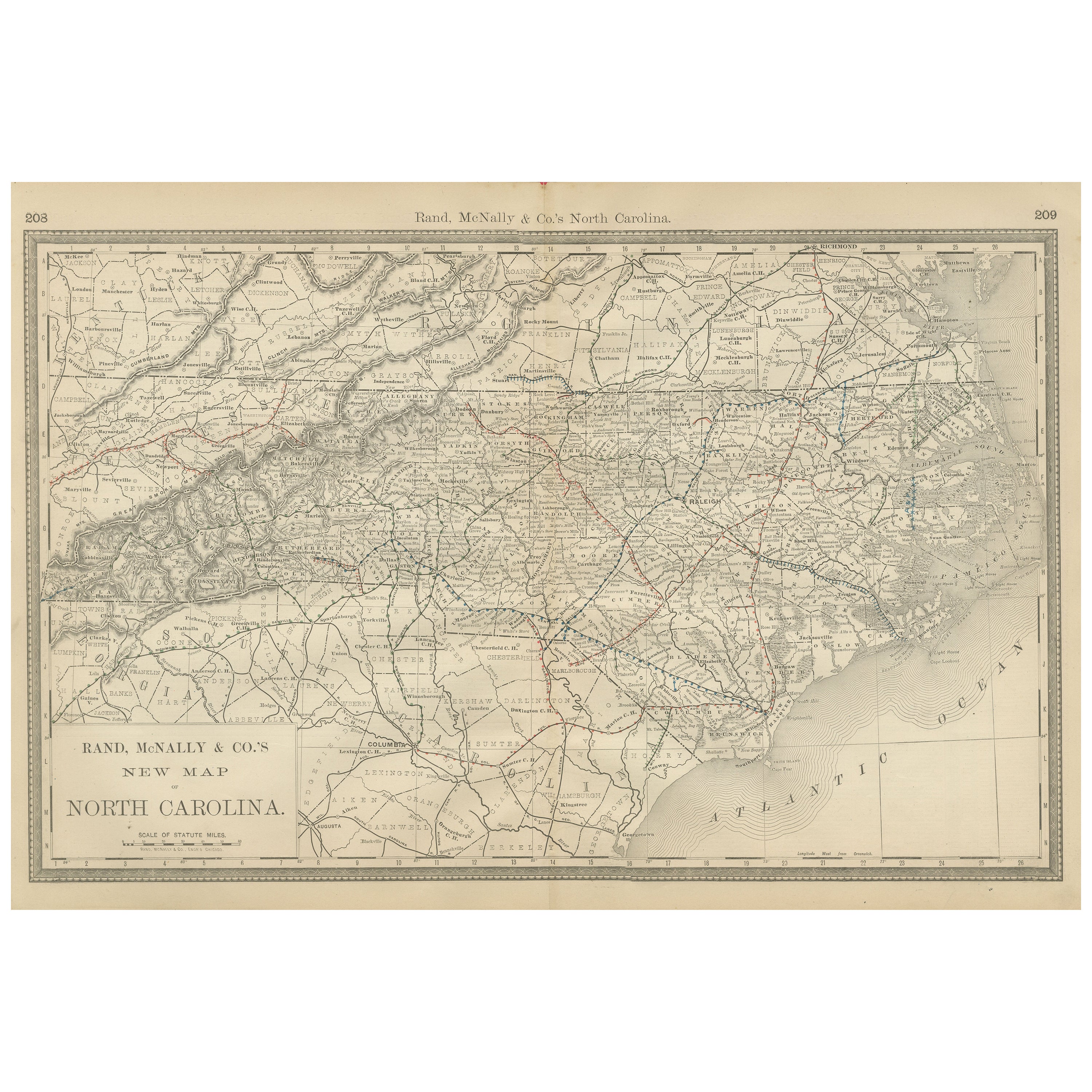 North Carolina Antique Railroad Map c.1888 – Tar Heel State Counties & Cities