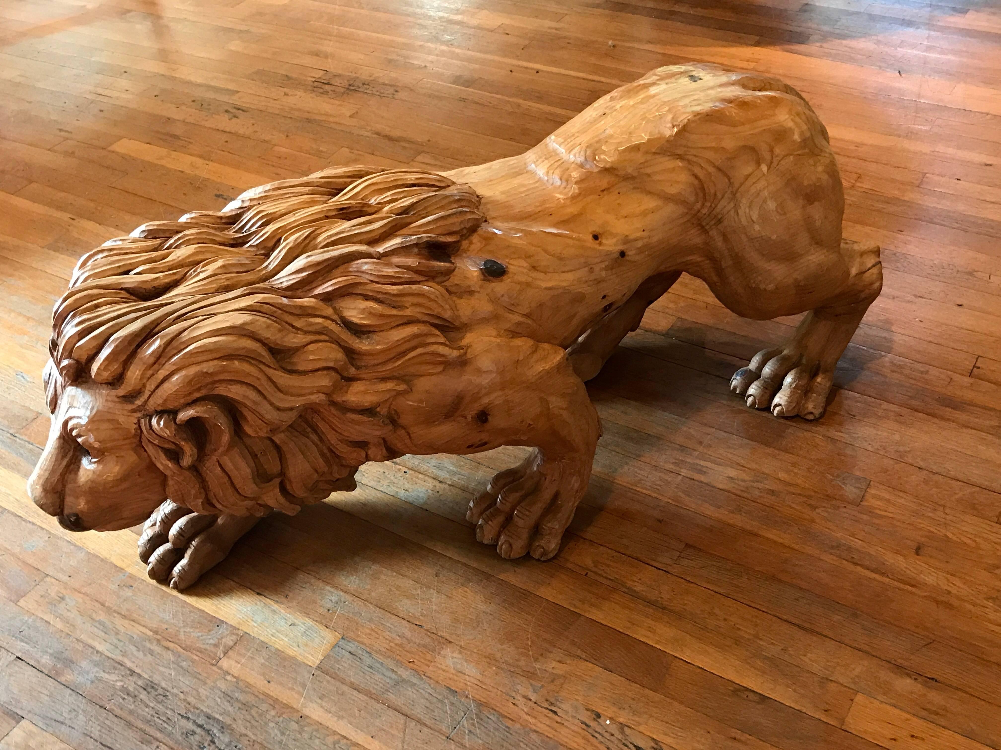 North Carolina carved pine carousel style lion, realistically carved and modeled, great size and patina, in the style of the C.W.F. Dare Company.
