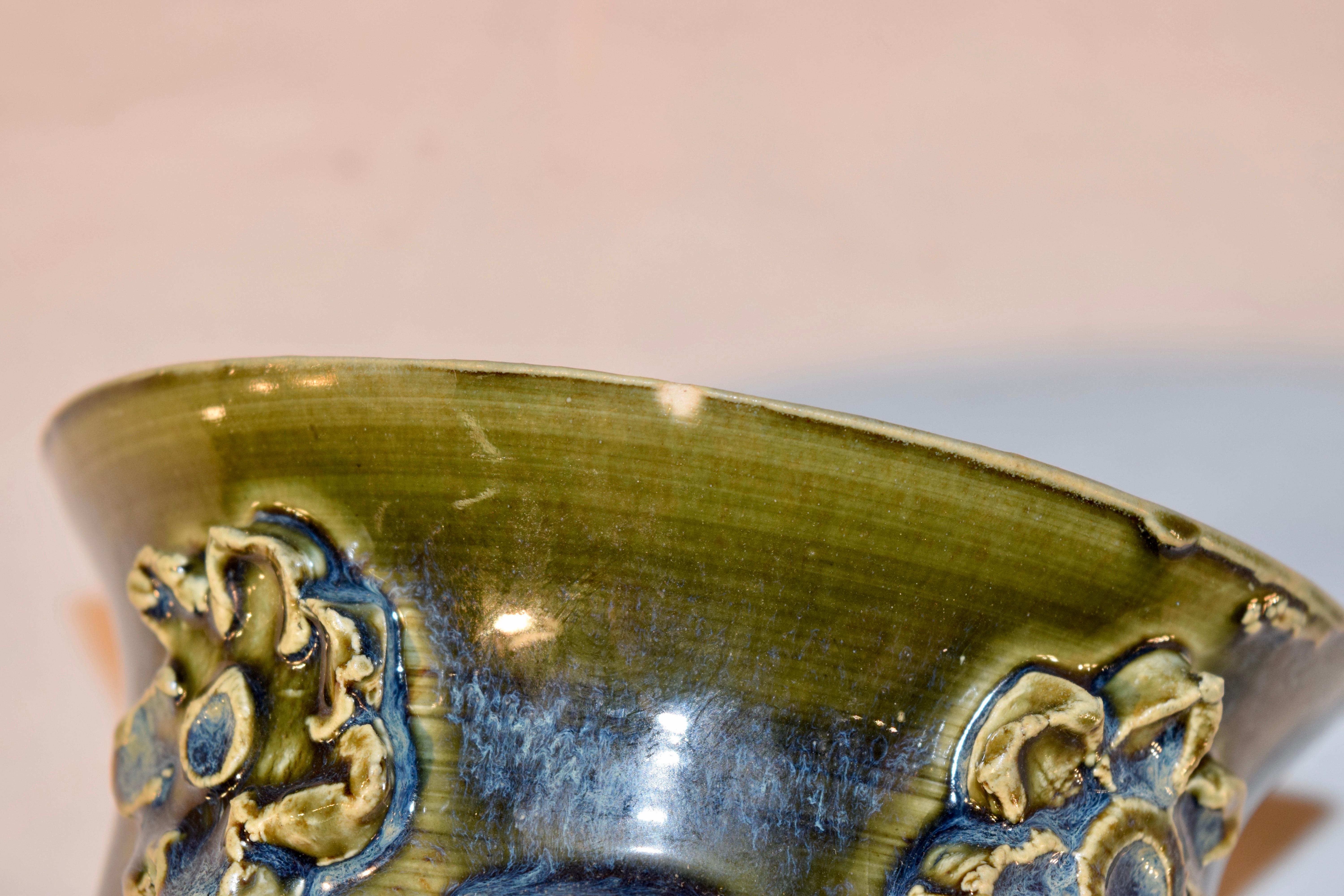 Glazed North Carolina Pottery Flower Pot with Attached Saucer