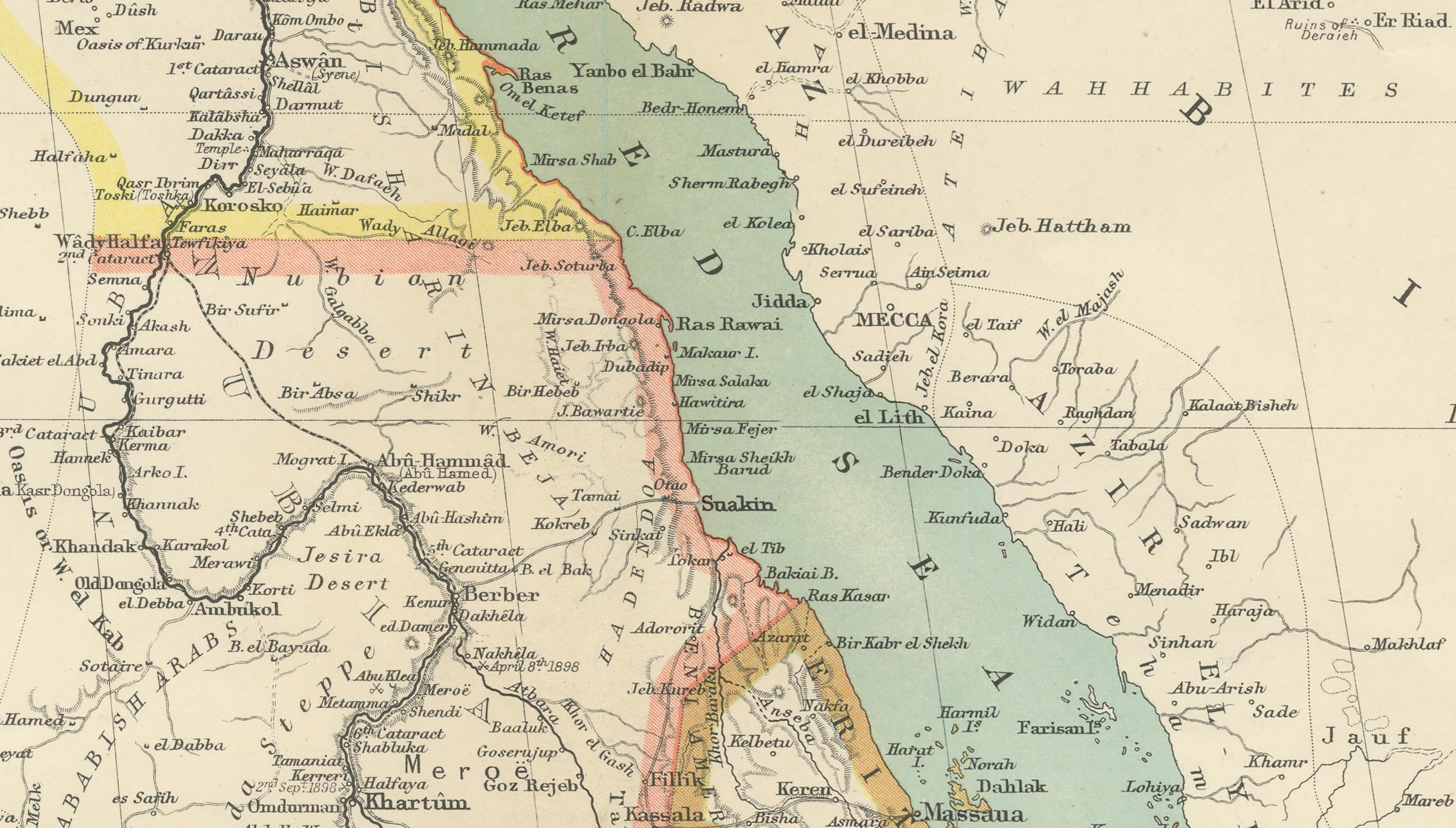 North-East Africa Map Showing Egypt, Abyssinia, Sudan & Somaliland c.1902