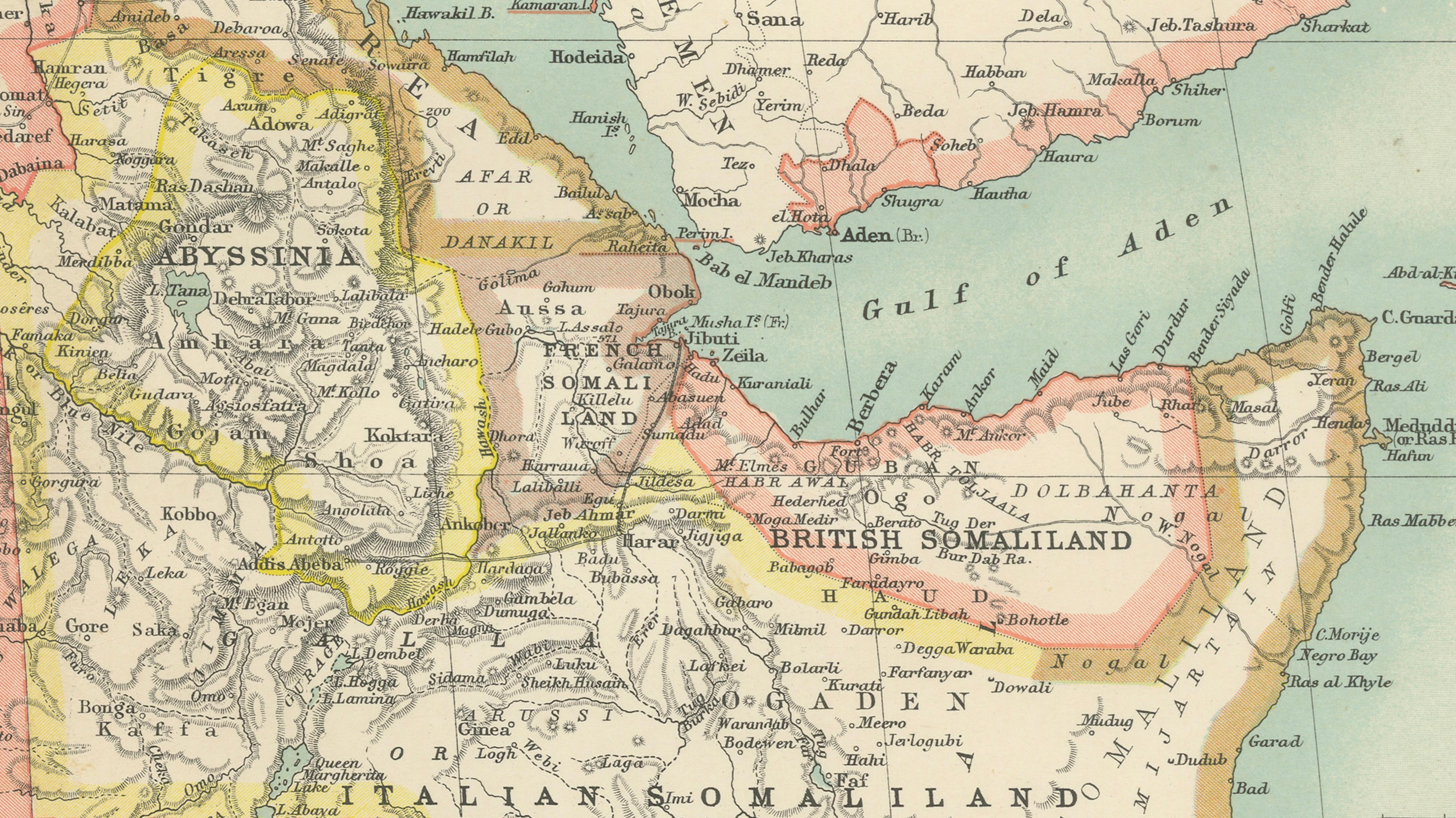 North-East Africa Map Showing Egypt, Abyssinia, Sudan & Somaliland c.1902