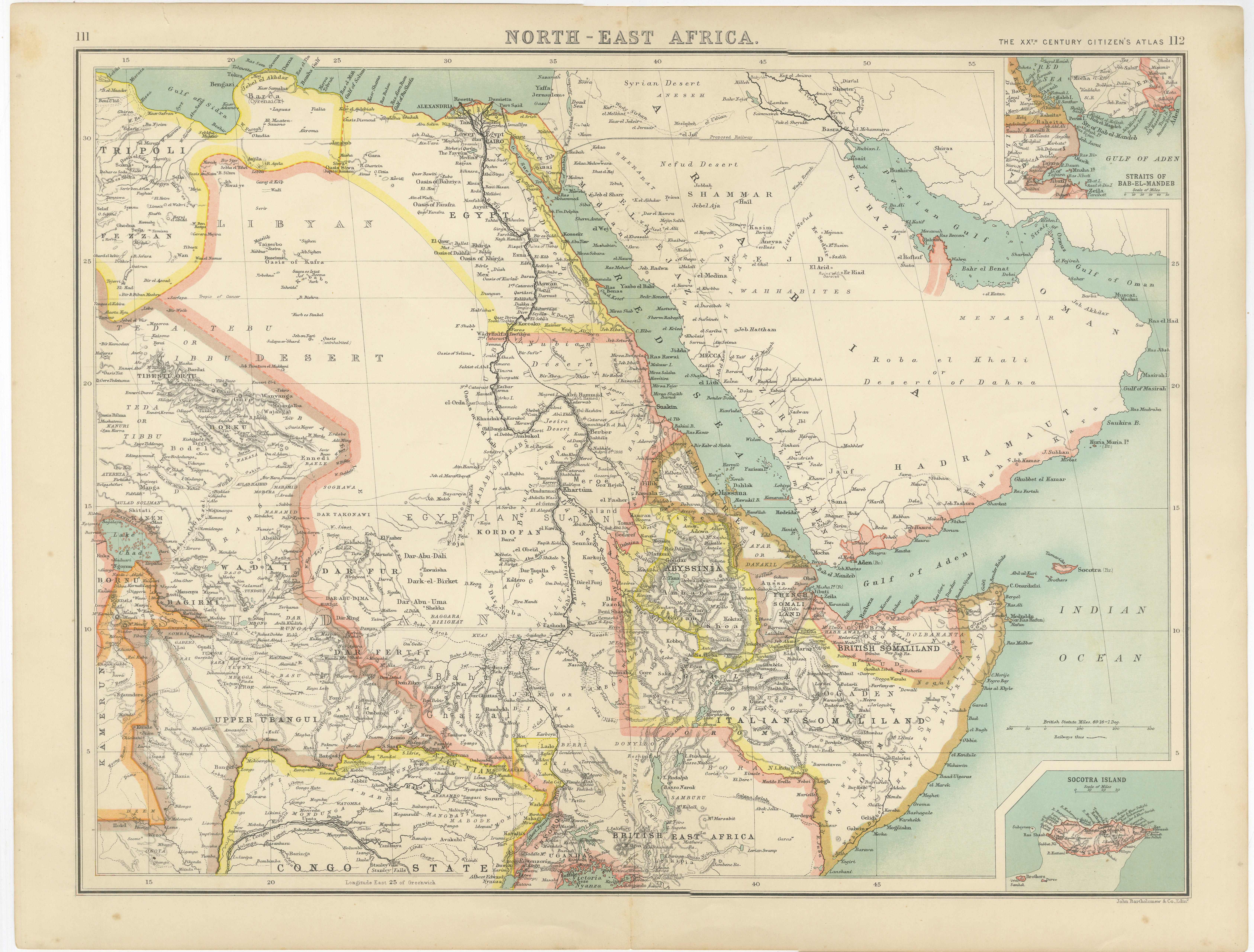 North-East Africa Map Showing Egypt, Abyssinia, Sudan & Somaliland c.1902