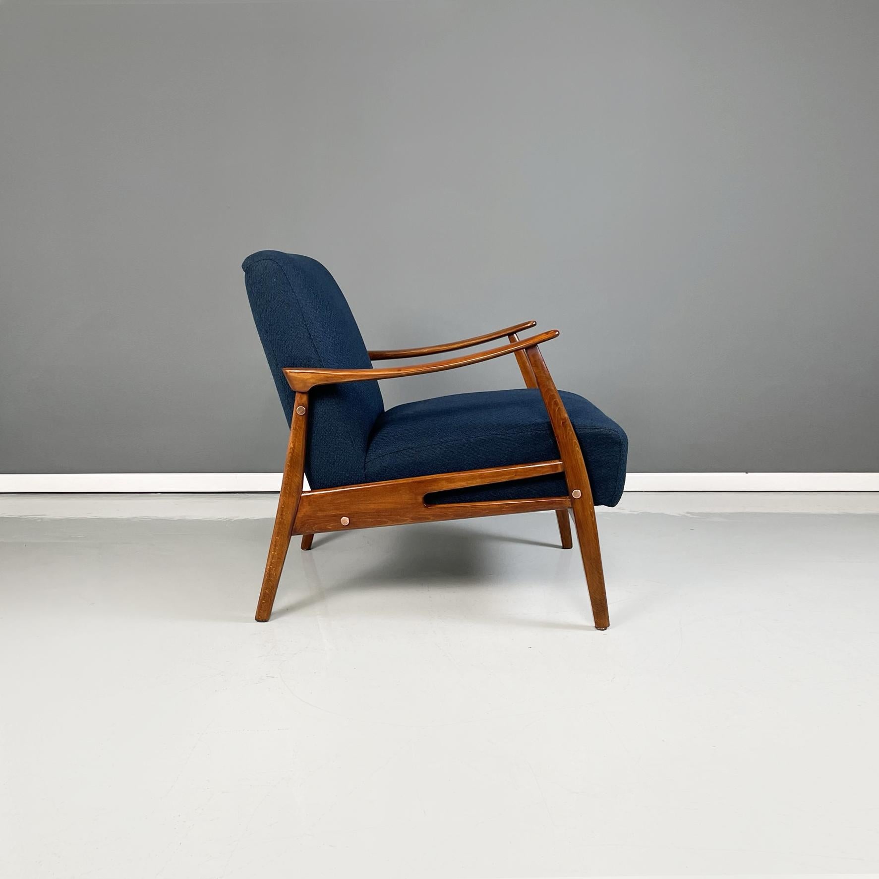 European North Europa Mid-Century Armchairs in Blue Fabric and Beech Solid Wood, 1960s