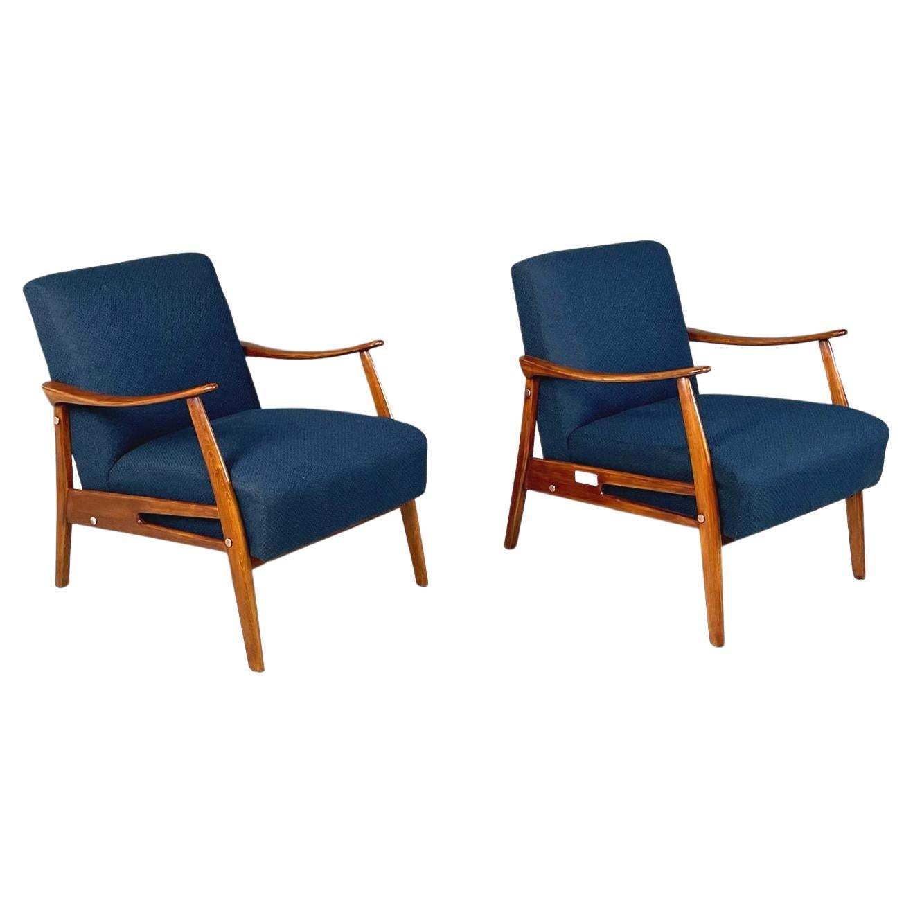 North Europa Mid-Century Armchairs in Blue Fabric and Beech Solid Wood, 1960s