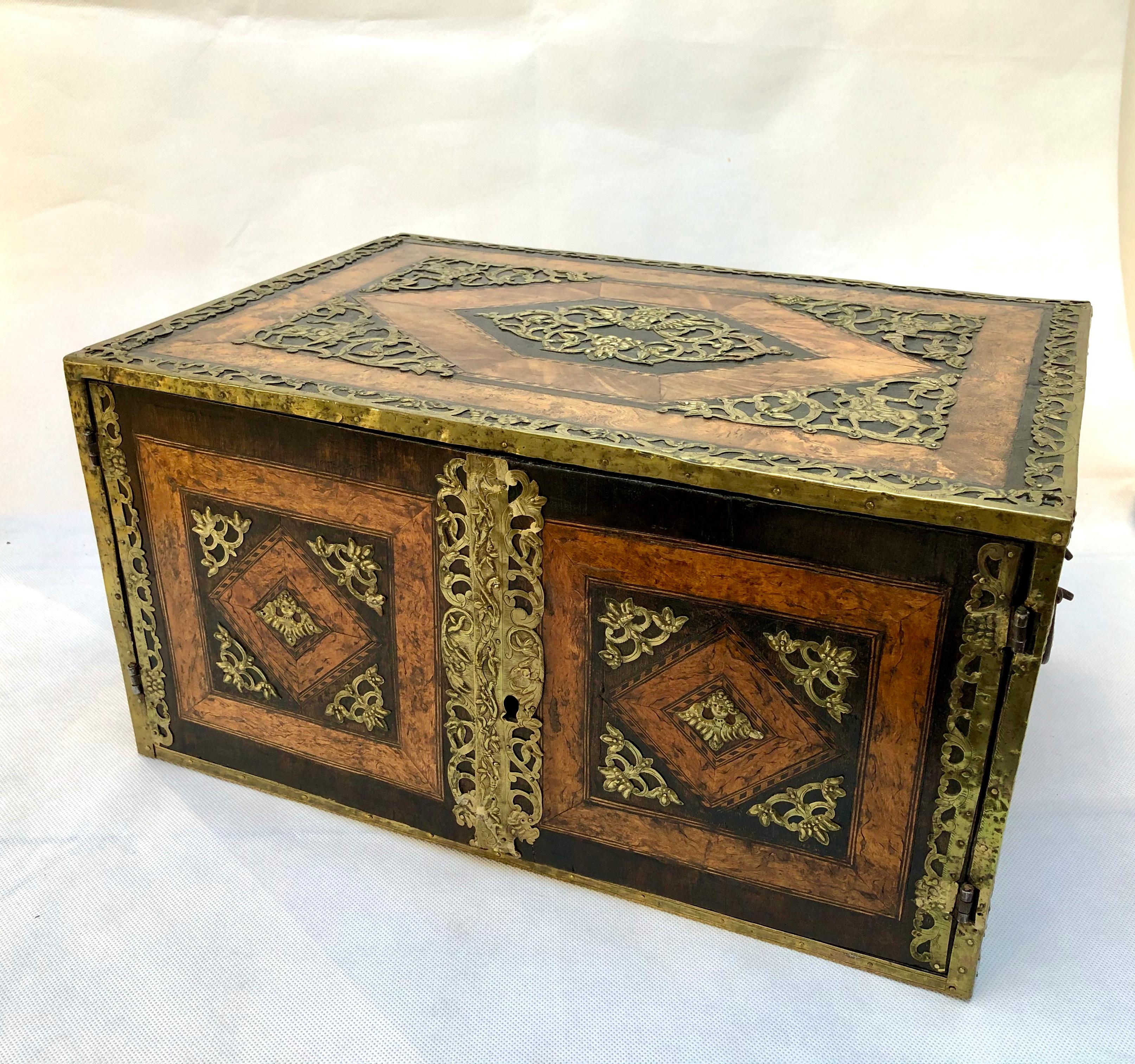 North European 17th Century Brass Mounted Elm and Walnut Table Cabinet For Sale 4