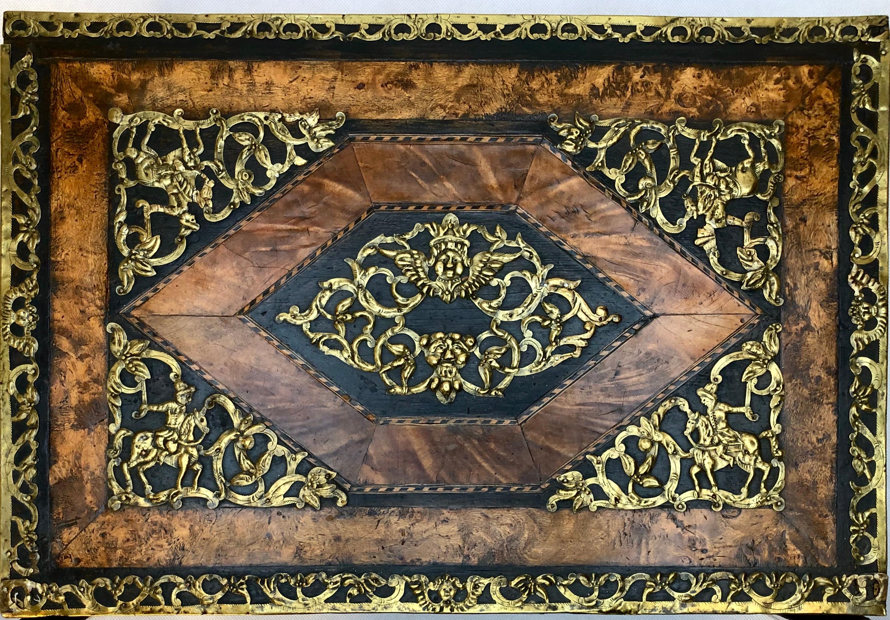 North European 17th Century Brass Mounted Elm and Walnut Table Cabinet In Good Condition For Sale In Henley-on-Thames, Oxfordshire