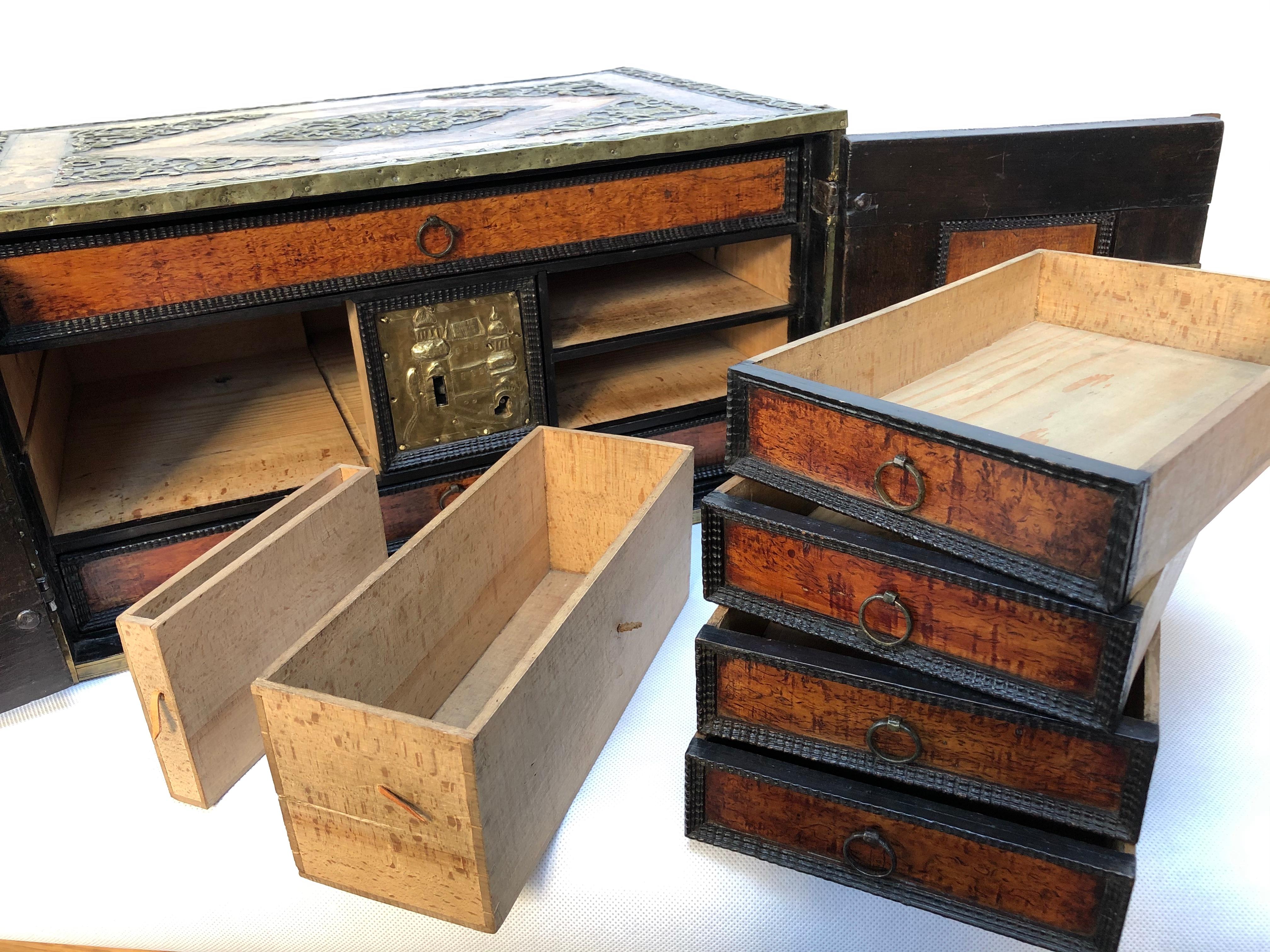 North European 17th Century Brass Mounted Elm and Walnut Table Cabinet For Sale 2