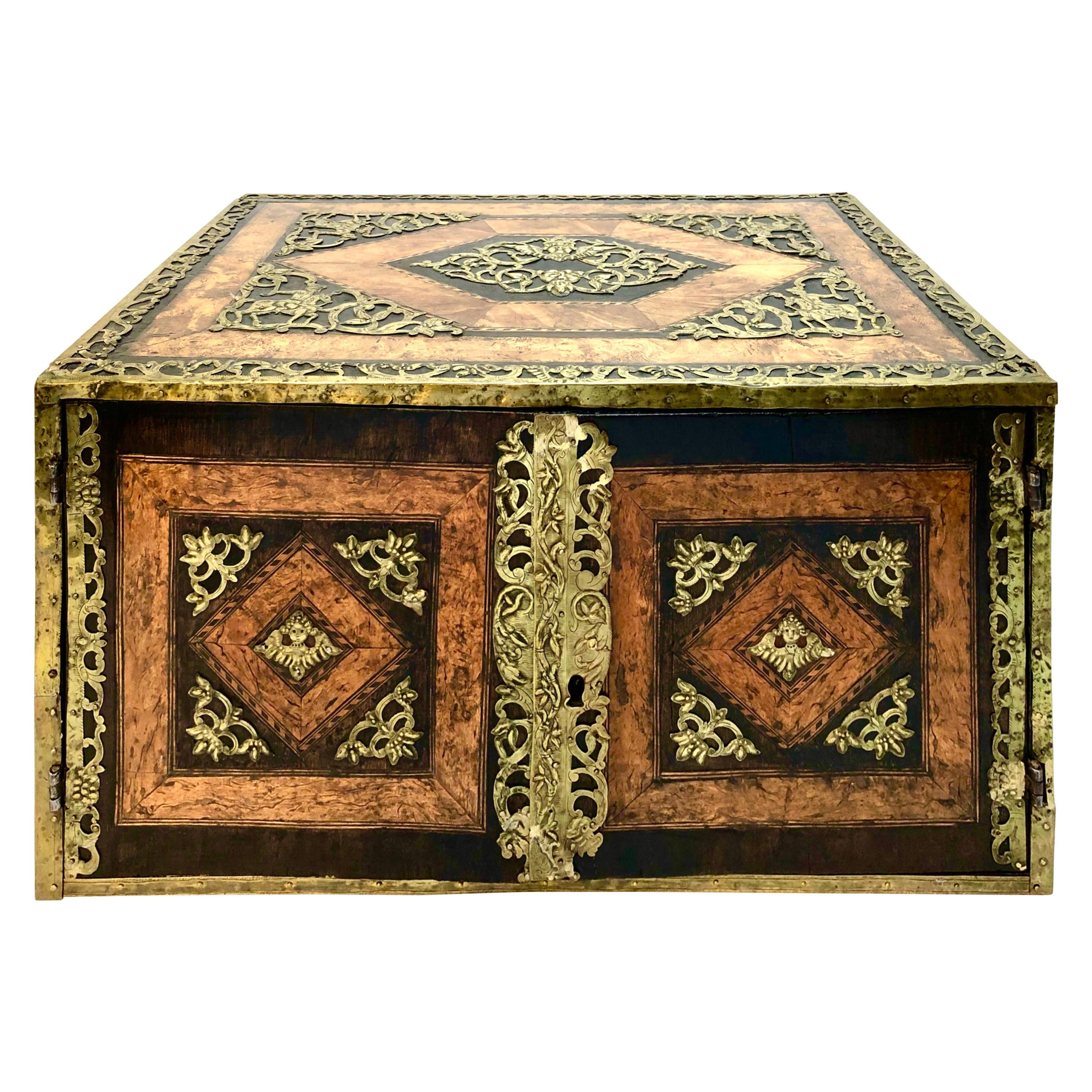 North European 17th Century Brass Mounted Elm and Walnut Table Cabinet For Sale